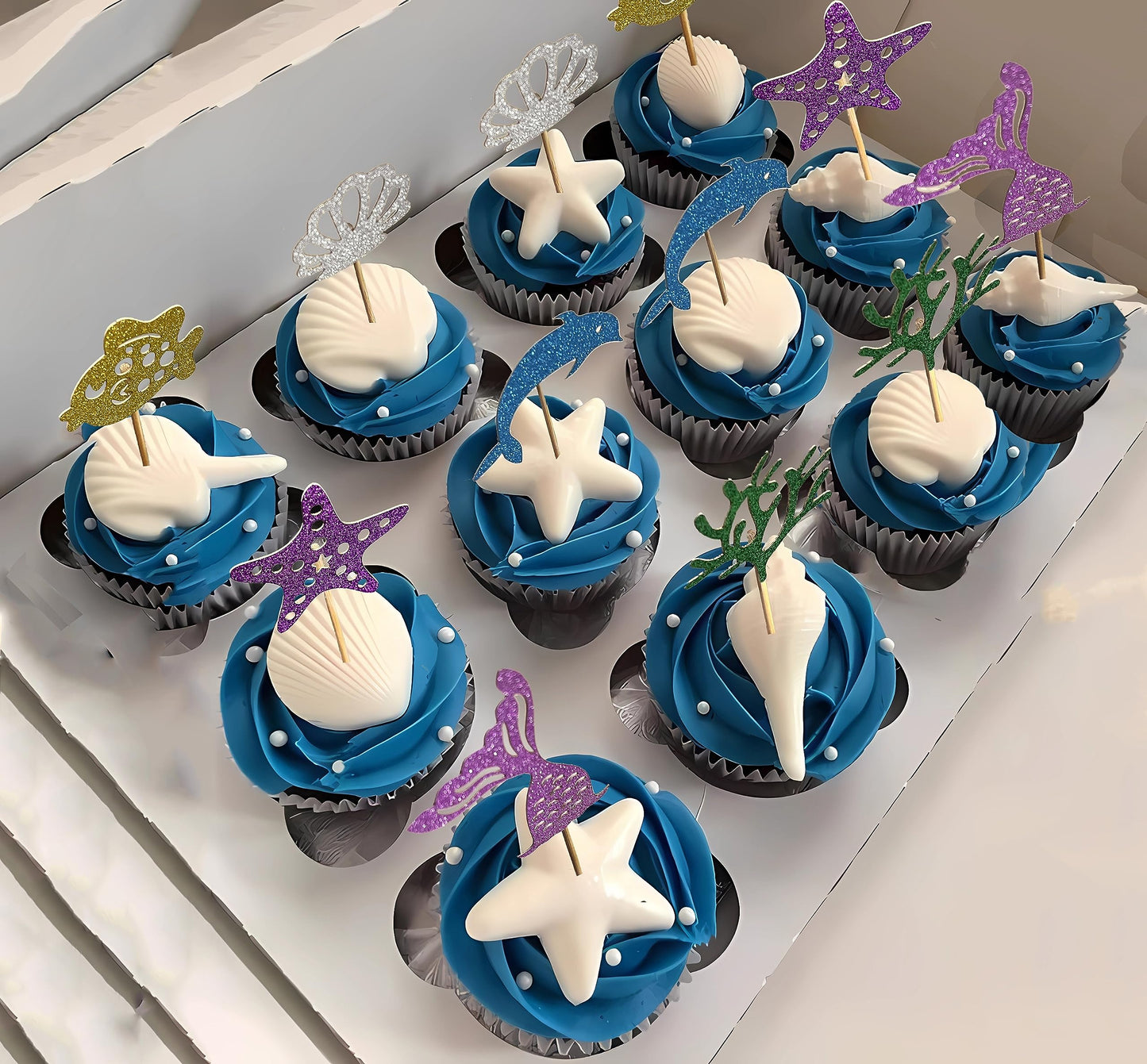 13 Pcs Mermaid Birthday Cake Toppers Set - Sparkling Ocean Theme Decor with Happy Birthday Topper and 12 Colorful Undersea Elements Cupcake Picks