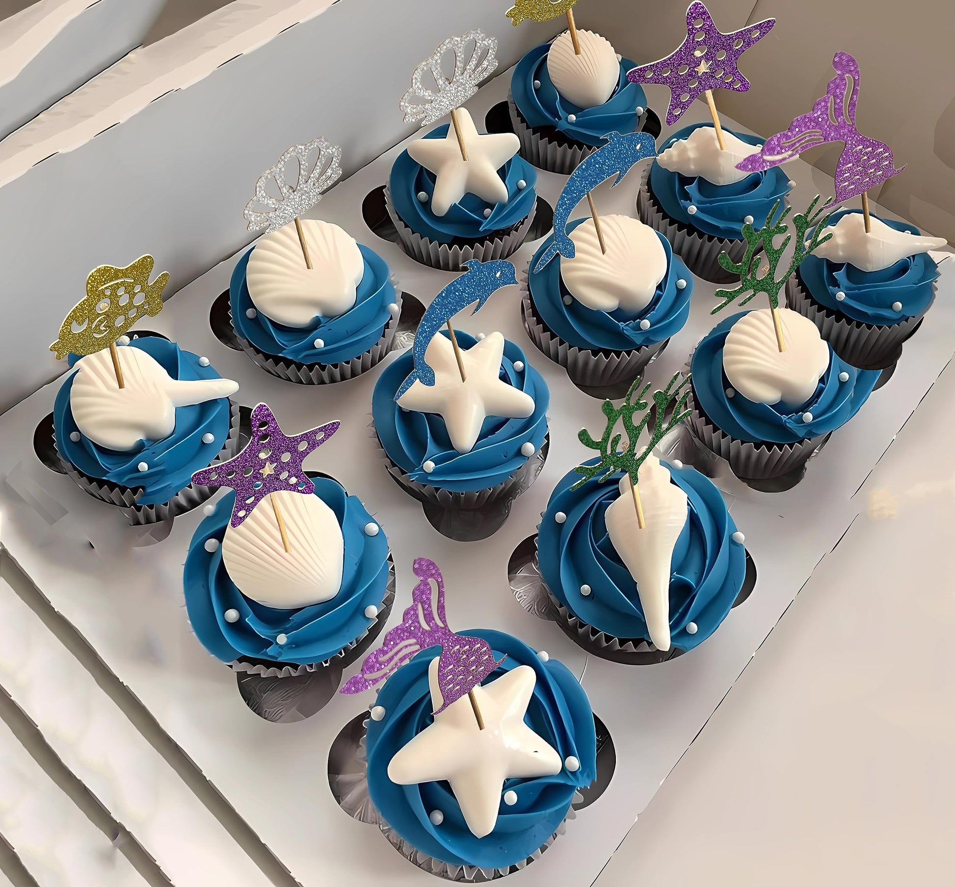 13 Pcs Mermaid Birthday Cake Toppers Set - Sparkling Ocean Theme Decor with Happy Birthday Topper and 12 Colorful Undersea Elements Cupcake Picks