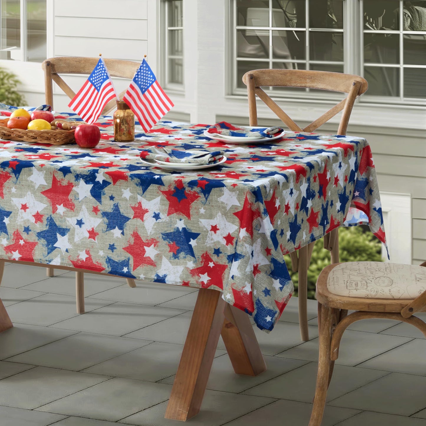 Newbridge Burlap Stars Patriotic 52 x 70 Inch Rectangle Fabric Tablecloth