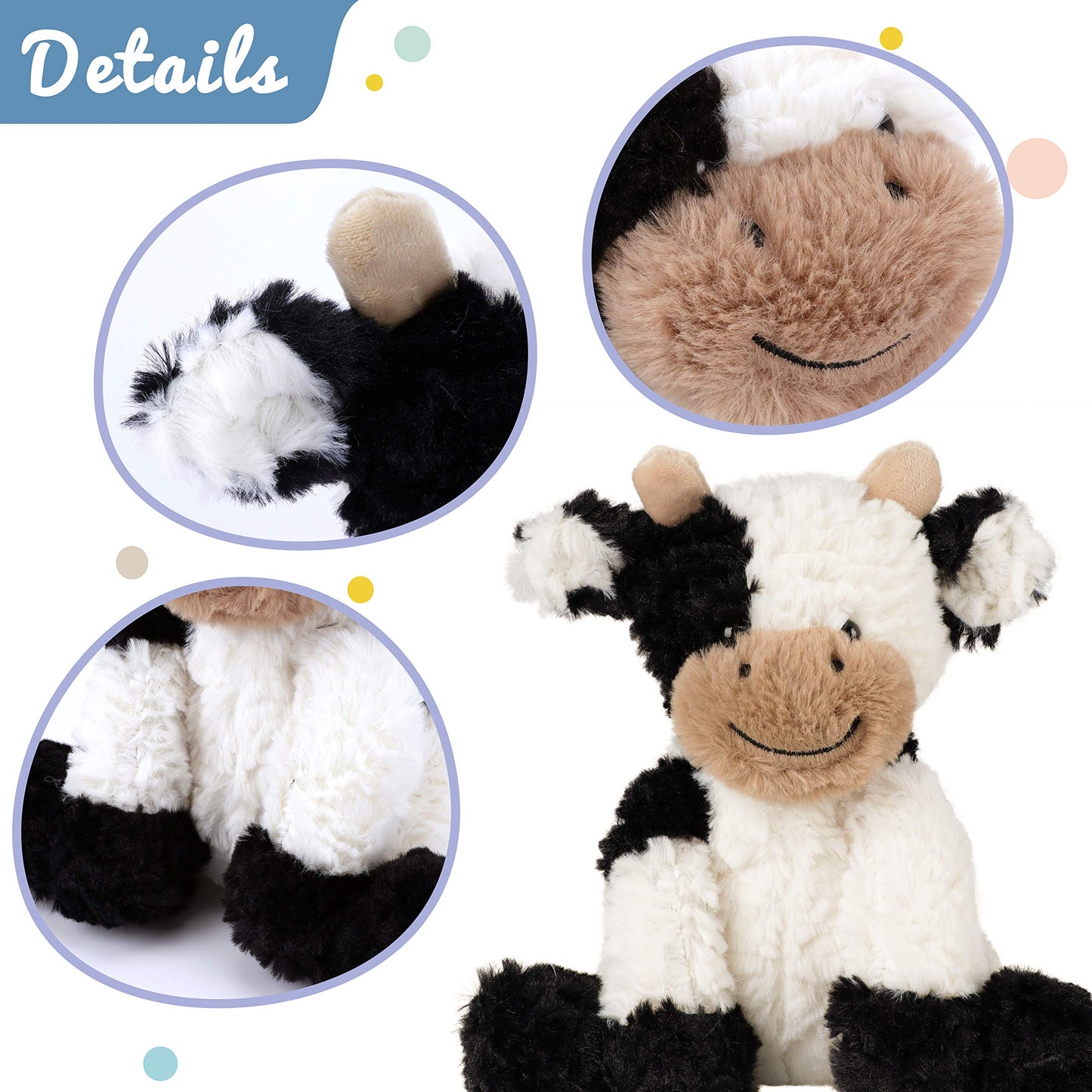 Hopearl Adorable Cow Plush Toy Floppy Dairy Cattle Soft Kawaii Cow Stuffed Animal Cute Birthday Holiday Gift for Boys Girls Kids Toddlers, 9''