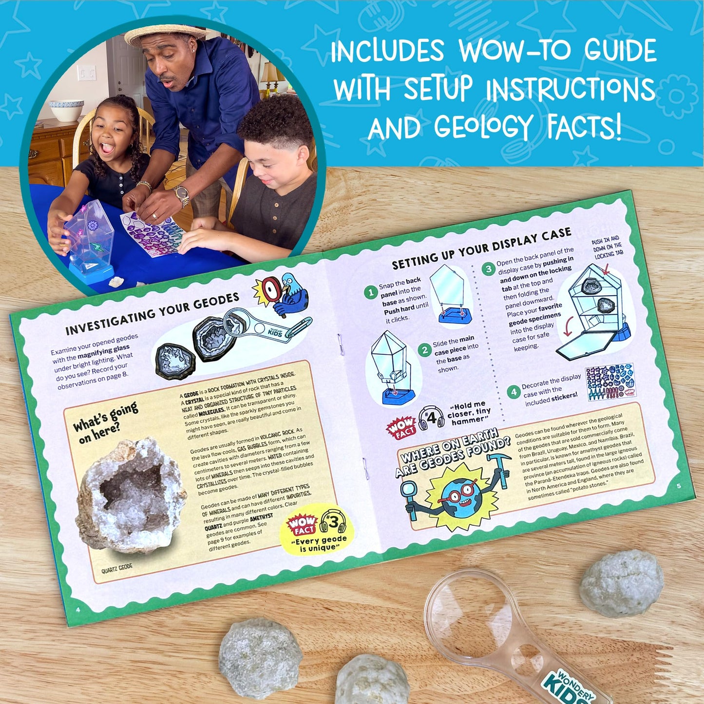 Wow in The World - 10 Real Break-Open Crystal Geodes with Display Case - Bonus Goggles & Magnifying Glass, Companion Audio Content, STEM Toy for Boys