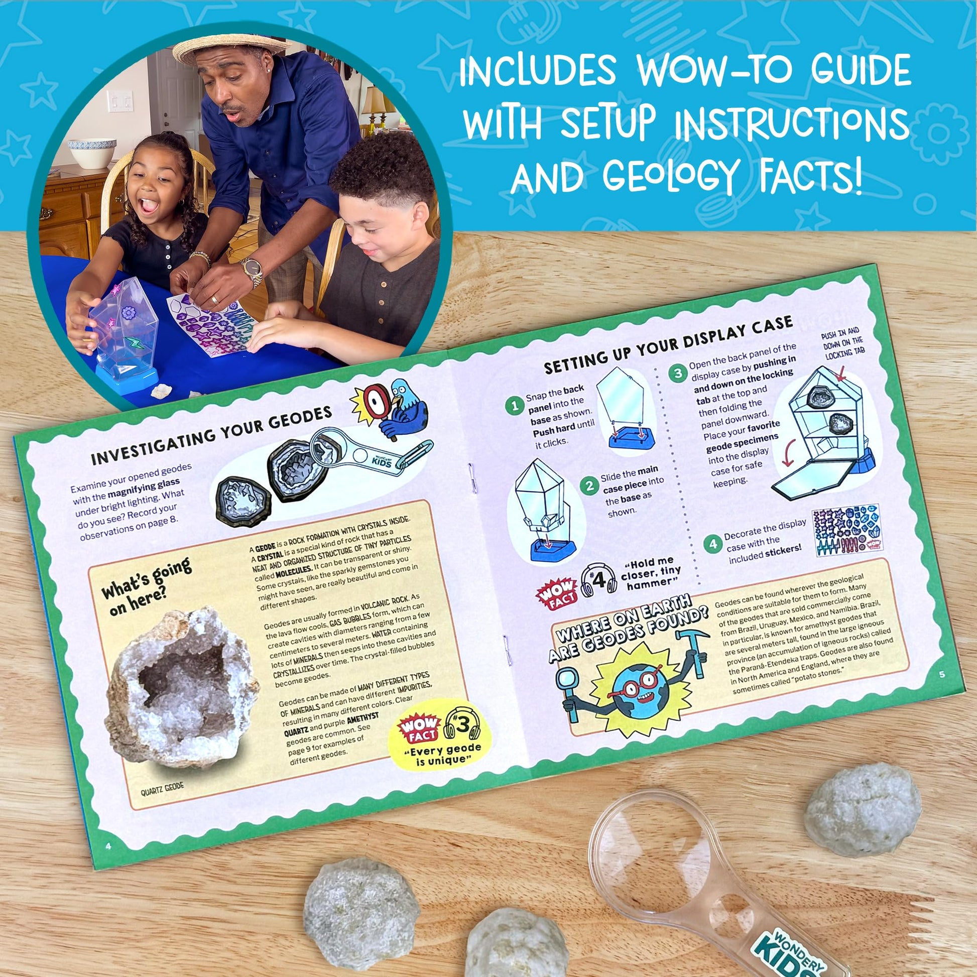Wow in The World - 10 Real Break-Open Crystal Geodes with Display Case - Bonus Goggles & Magnifying Glass, Companion Audio Content, STEM Toy for Boys