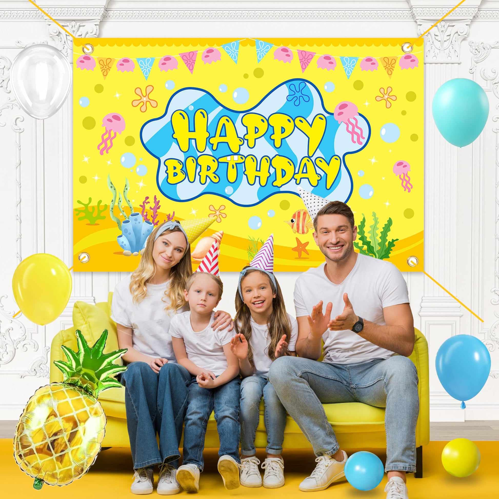 Cartoon Sponge Balloon Arch Kit-Blue Green Yellow Balloons Birthday Decorations For Boys girl,Party Decor Supplies Girls Including Happy Birthday
