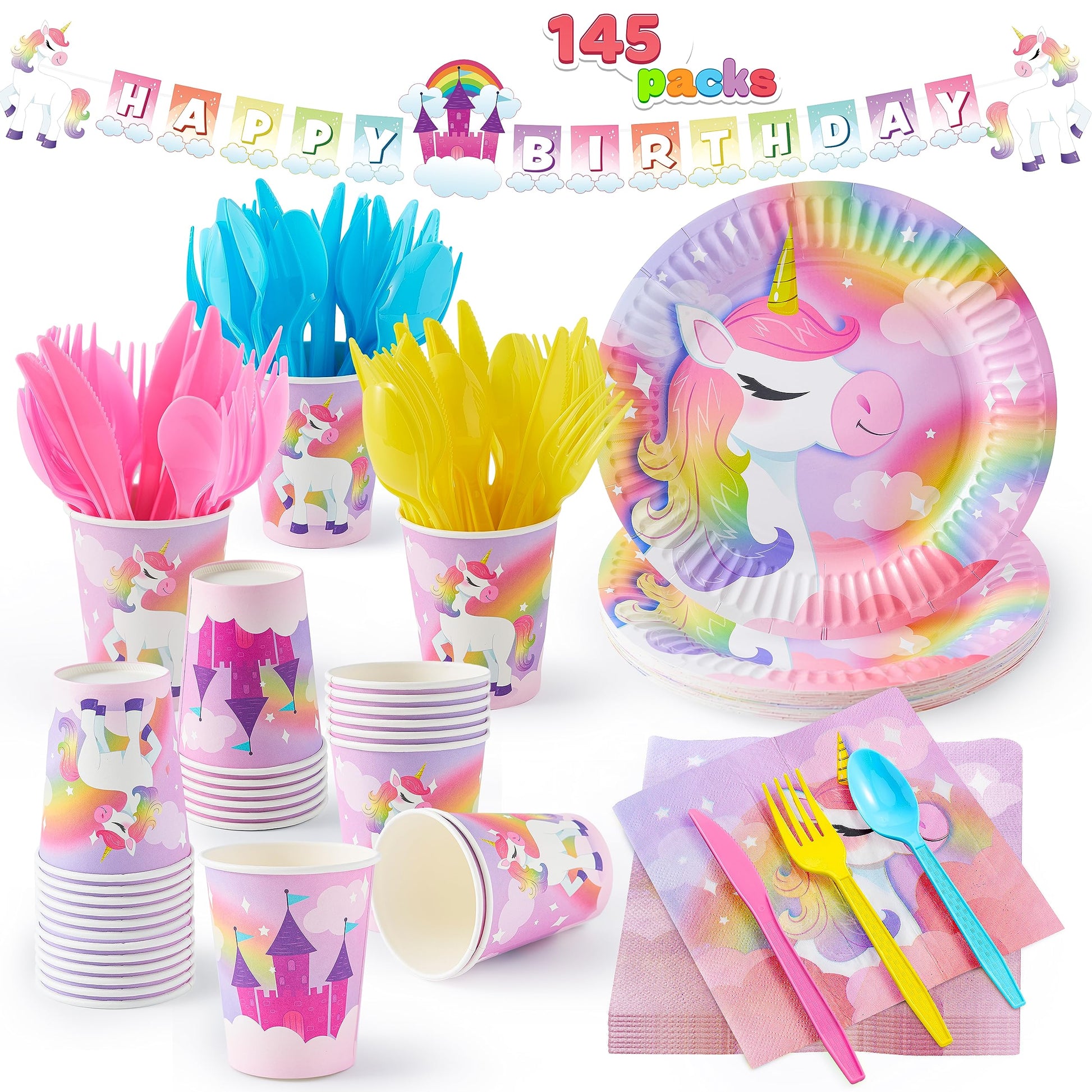 JOYIN 145 Pcs Unicorn Birthday Party Supplies with Unicorn Banner for Girls, 24 Serves Unicorn Disposable Tableware Set with Plates , Cups, Napkins