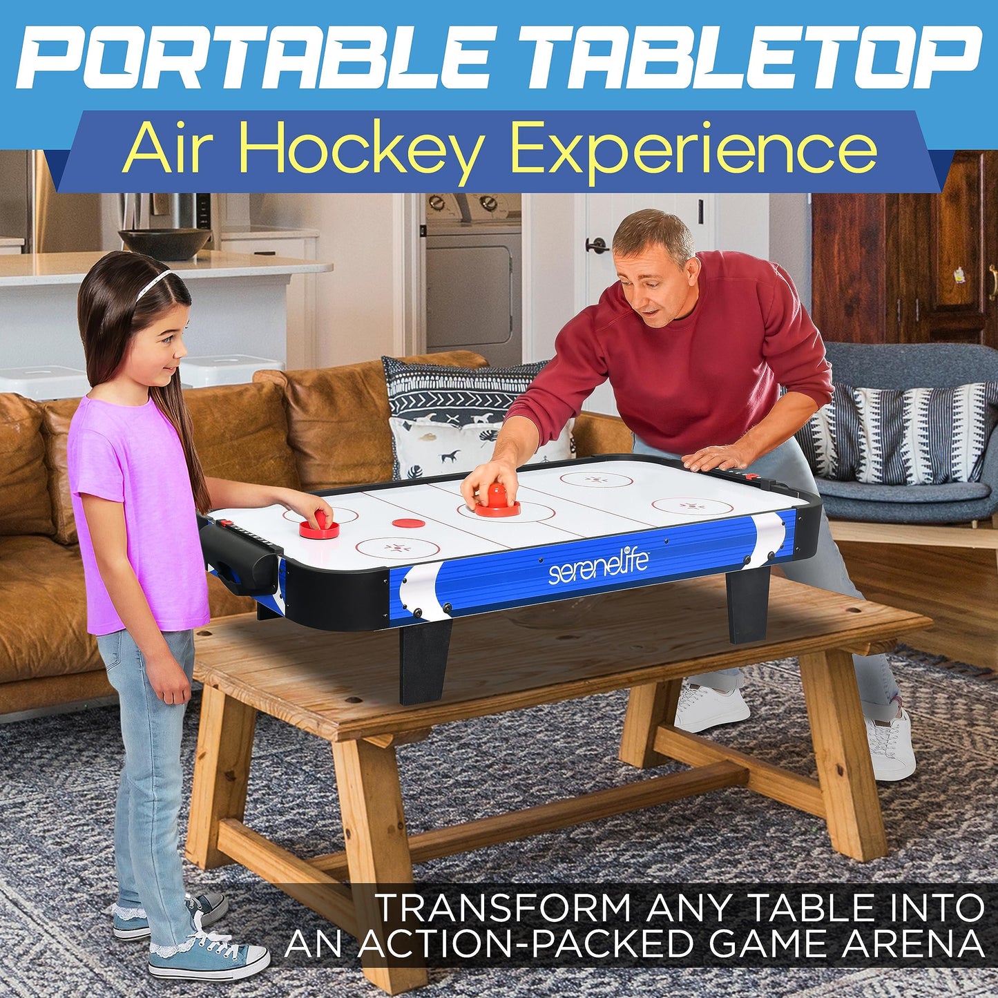 SereneLife 40" Air Hockey Game Tabletop, w/Fastest Game Play Upgraded 110v Motor, Built-in Score Tracker & Puck Dispenser, Accessories