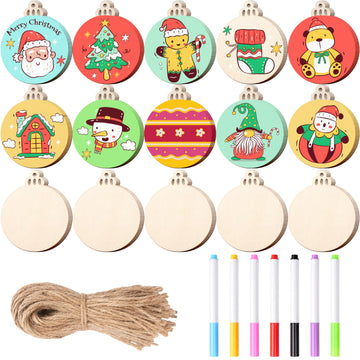 JOYIN 100 Pcs Christmas Wooden Hanging Ornaments with 8 Colored Pens, Unfinished Wood Round Ornaments to Paint for Kids Crafts, DIY Coloring Ornament