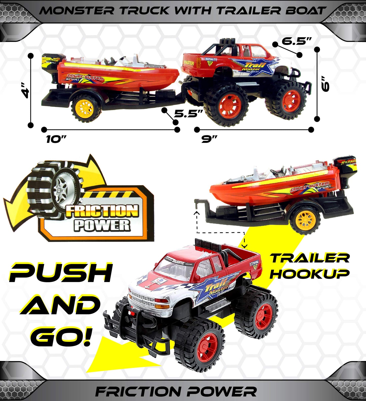 Mozlly Monster Truck Toys Set with Trailer Toy Boat - Friction Powered Hauling Truck and Trailer Toy, Big Toy Monster Truck with Boat, Adventure Truck