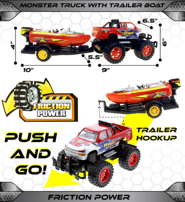 Mozlly Monster Truck Toys Set with Trailer Toy Boat - Friction Powered Hauling Truck and Trailer Toy, Big Toy Monster Truck with Boat, Adventure Truck
