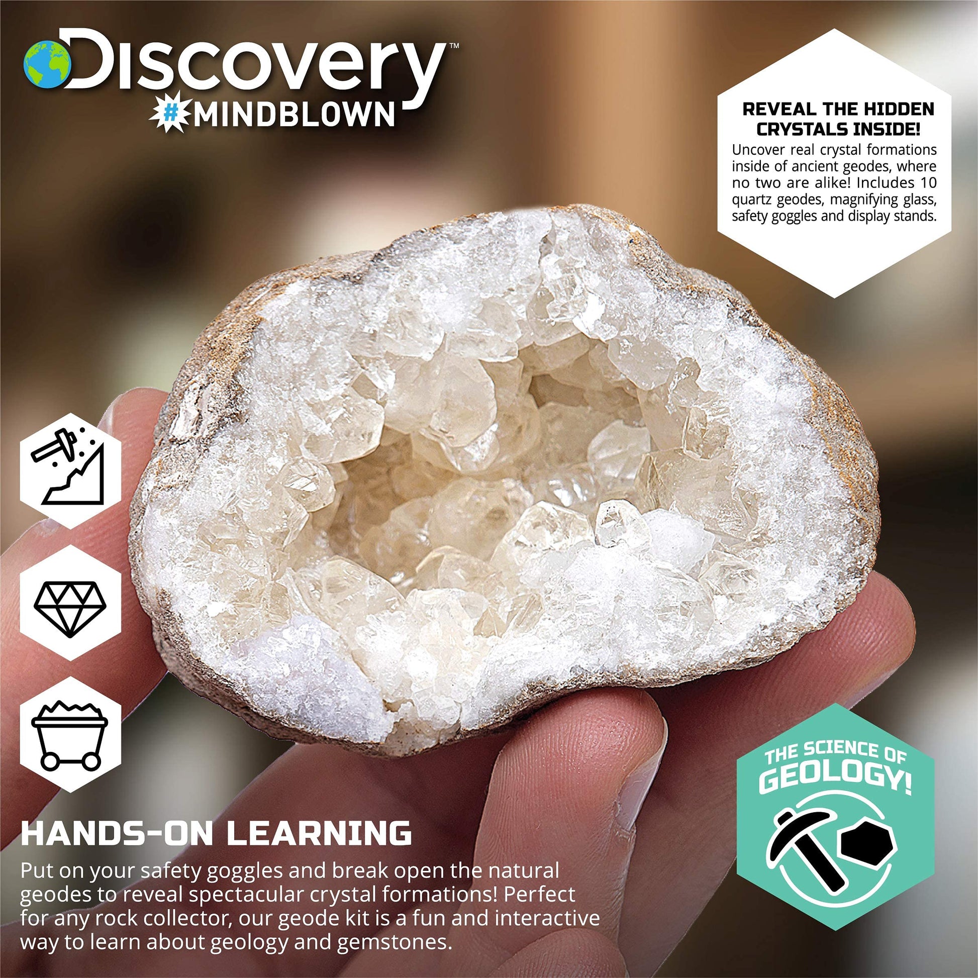 Discovery™ Mystery Crystal Geode Kit - Crack Open 10 Real Quartz Geodes| Includes Goggles, Magnifying Glass & Display Stands| Educational STEM Geology