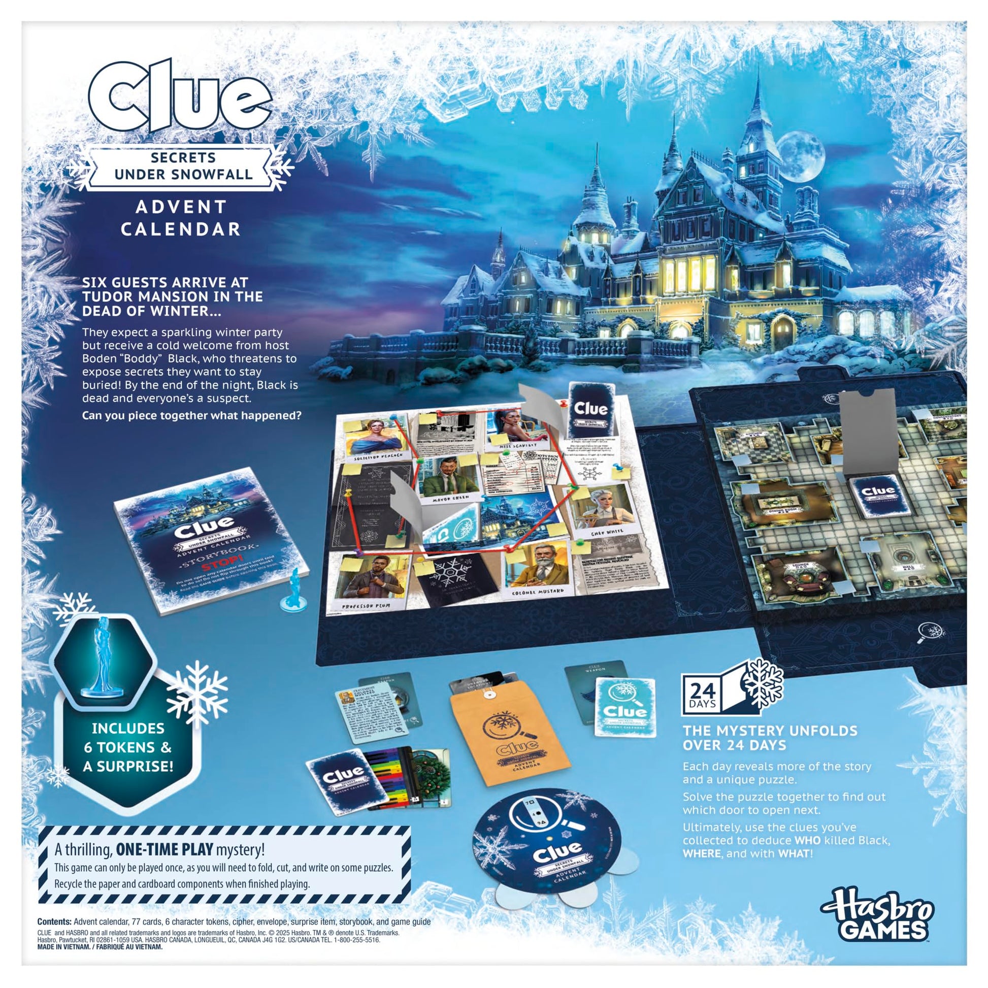 Clue Advent Calendar: Secrets Under Snowfall | 24 Days | Family Mystery Games | with 6 Winter-Themed Tokens and Surprise | Ages 10+ | 1+ Players