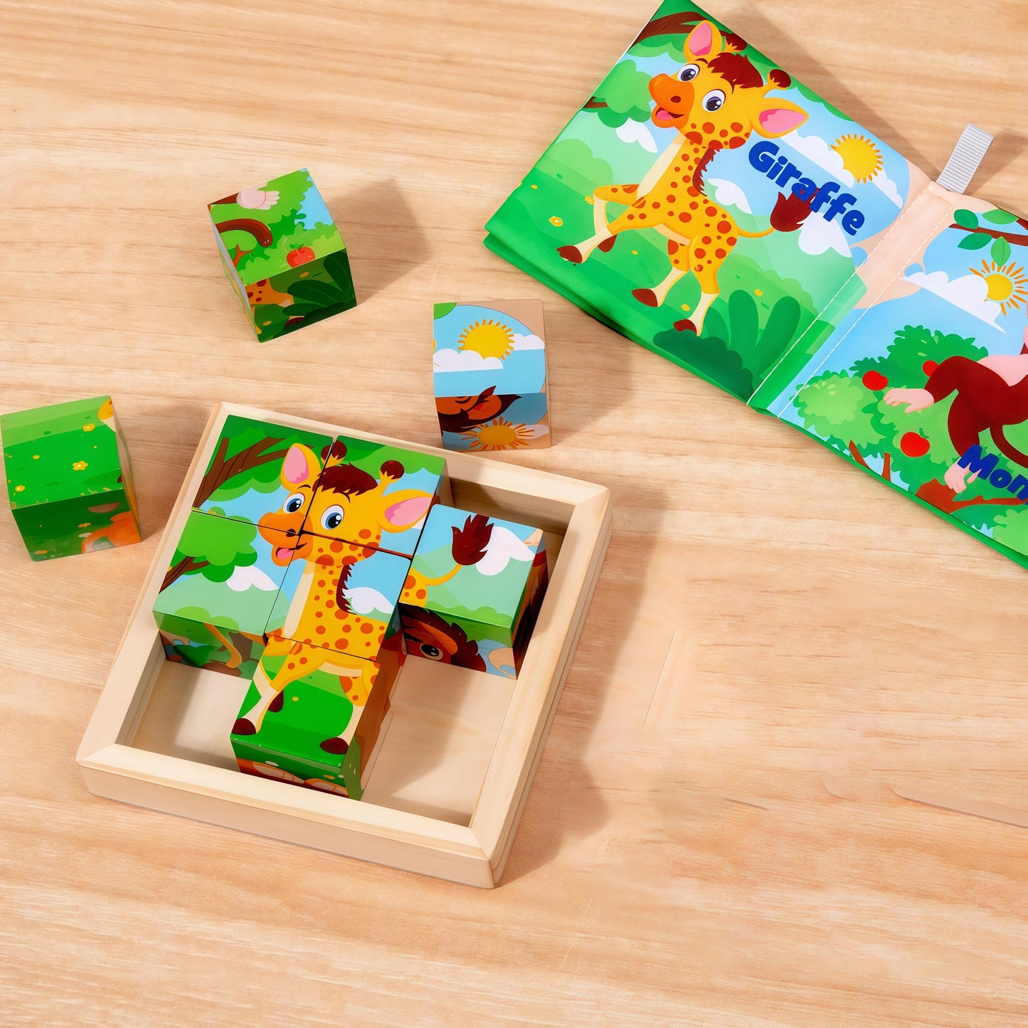 PLUSYARD Wooden Animals Block Puzzles for Kids, Ages 2-4, 6-in-1 Montessori Educational Toys with Book, Jigsaw Puzzles for Preschool Learning, Rubber