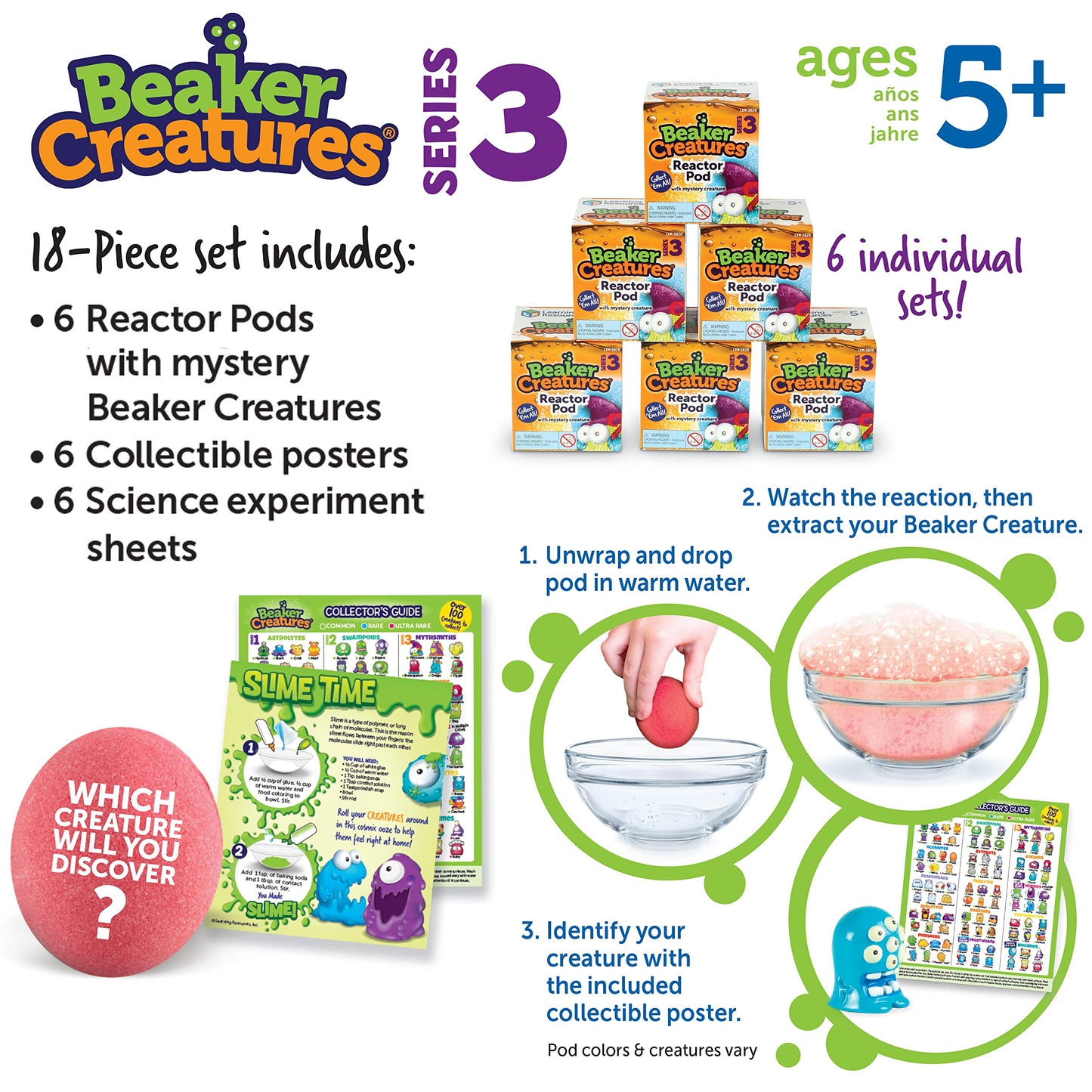 Learning Resources Beaker Creatures Series 3 - 6-Pack of Pods, Ages 5+ Science Exploration Toys, STEM Toys for Kids, Homeschool Must Haves, Science