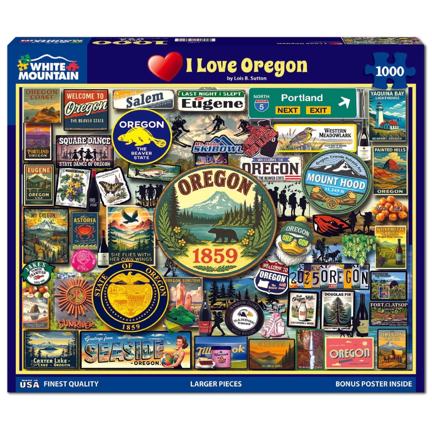 White Mountain 1000 Piece Jigsaw Puzzle Beaver State Collage, I Love Oregon