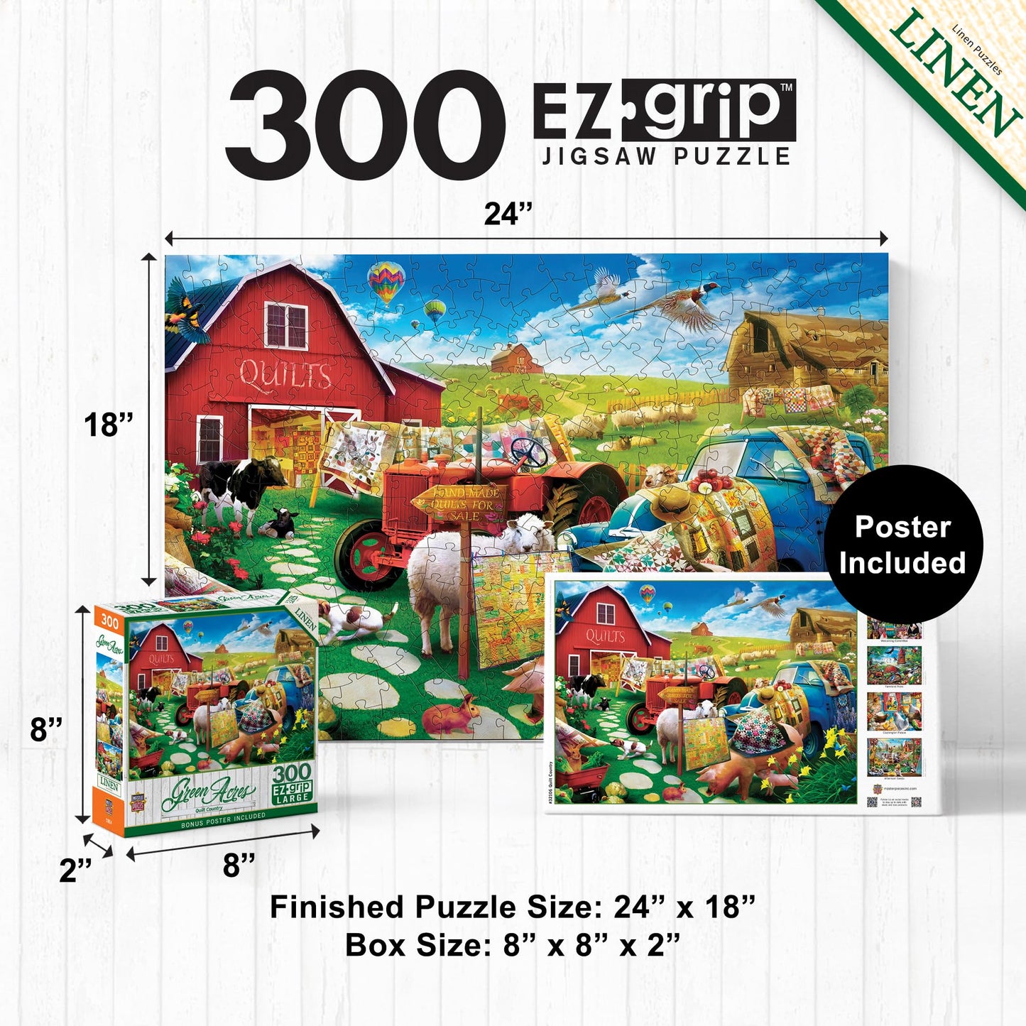MasterPieces - 300 Piece Jigsaw Puzzle, Large EZ Grip Shapes, Quilt Country, Fun for Adults, Seniors, Family, Kids, Matte Finish, 18" x24