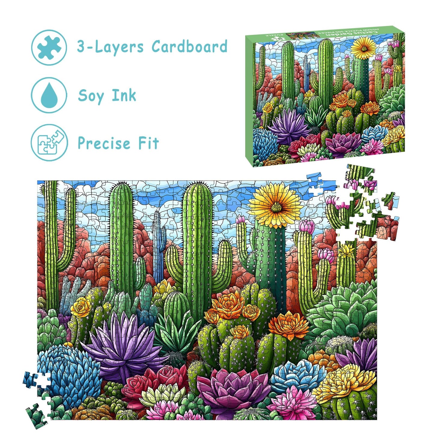 Puzzles for Adults 500 Pieces, Stained Glass Jigsaw Puzzles 500 Pieces - Cactus Garden, Cactus Wall Art Puzzle for Families, Finished Size 20.47 *