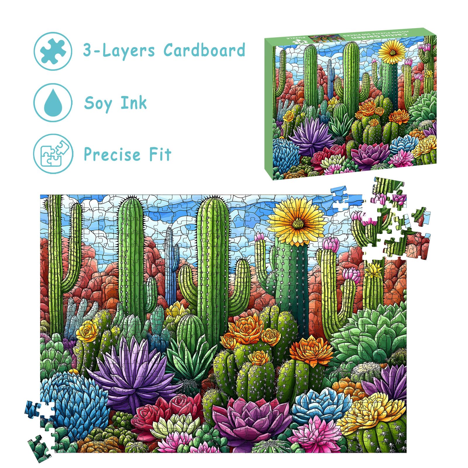 Puzzles for Adults 500 Pieces, Stained Glass Jigsaw Puzzles 500 Pieces - Cactus Garden, Cactus Wall Art Puzzle for Families, Finished Size 20.47 *