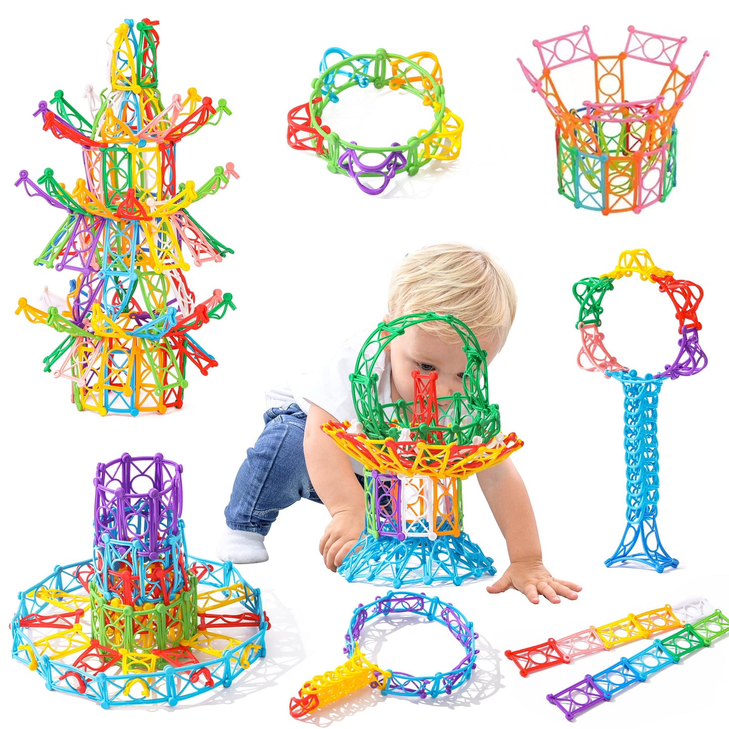 RAINBOW TOYFROG Snap-N-Twist Building Blocks - 270 Piece Set of Flexible Interlocking Math Manipulatives - Open Ended STEM Toys for 5 to 12 Year Old