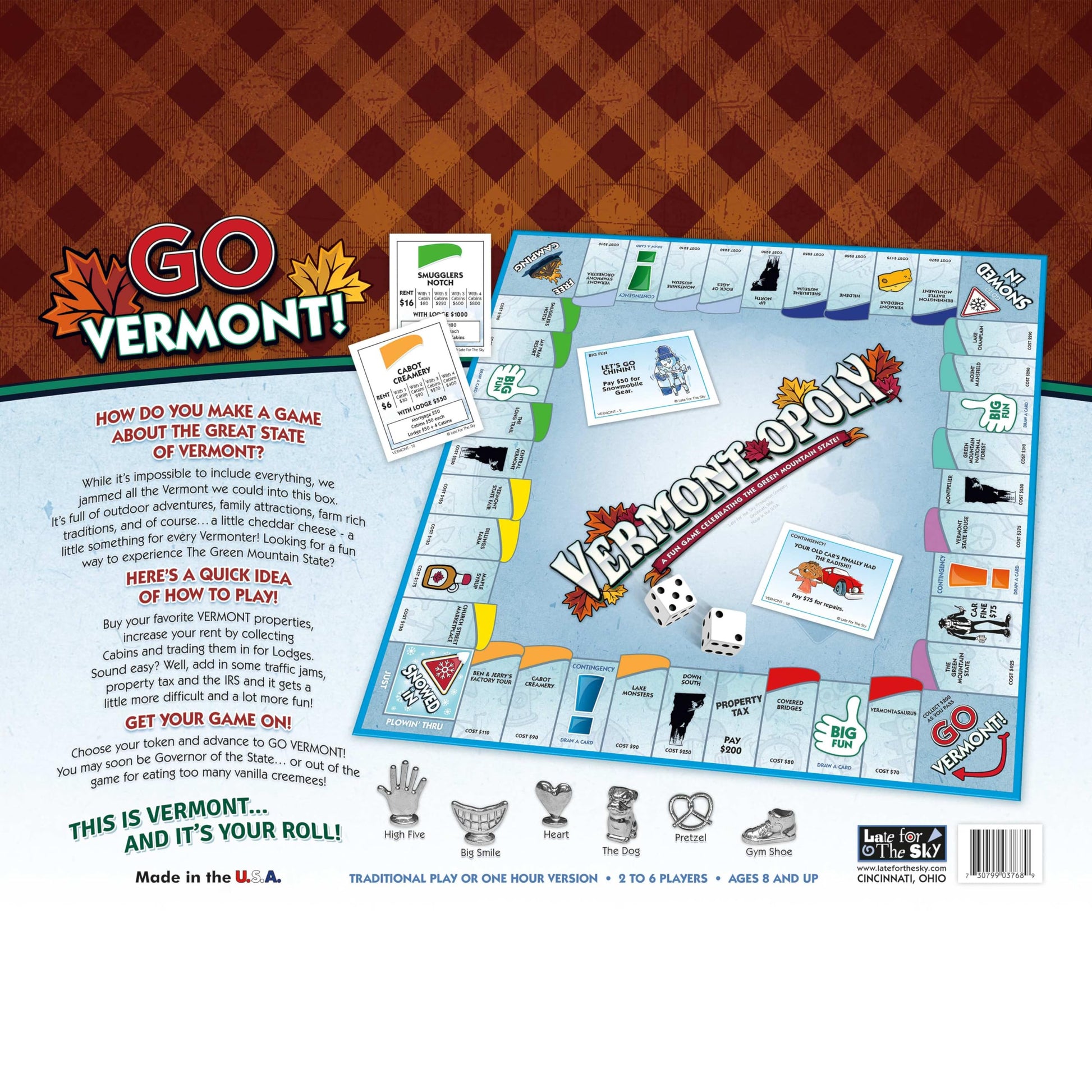 Late for The Sky Vermont-Opoly State Themed Family Board Game, Vermont Strategy Board Game for Adults and Kids, Ages 8+, 2-6 Players, Traditional or 1