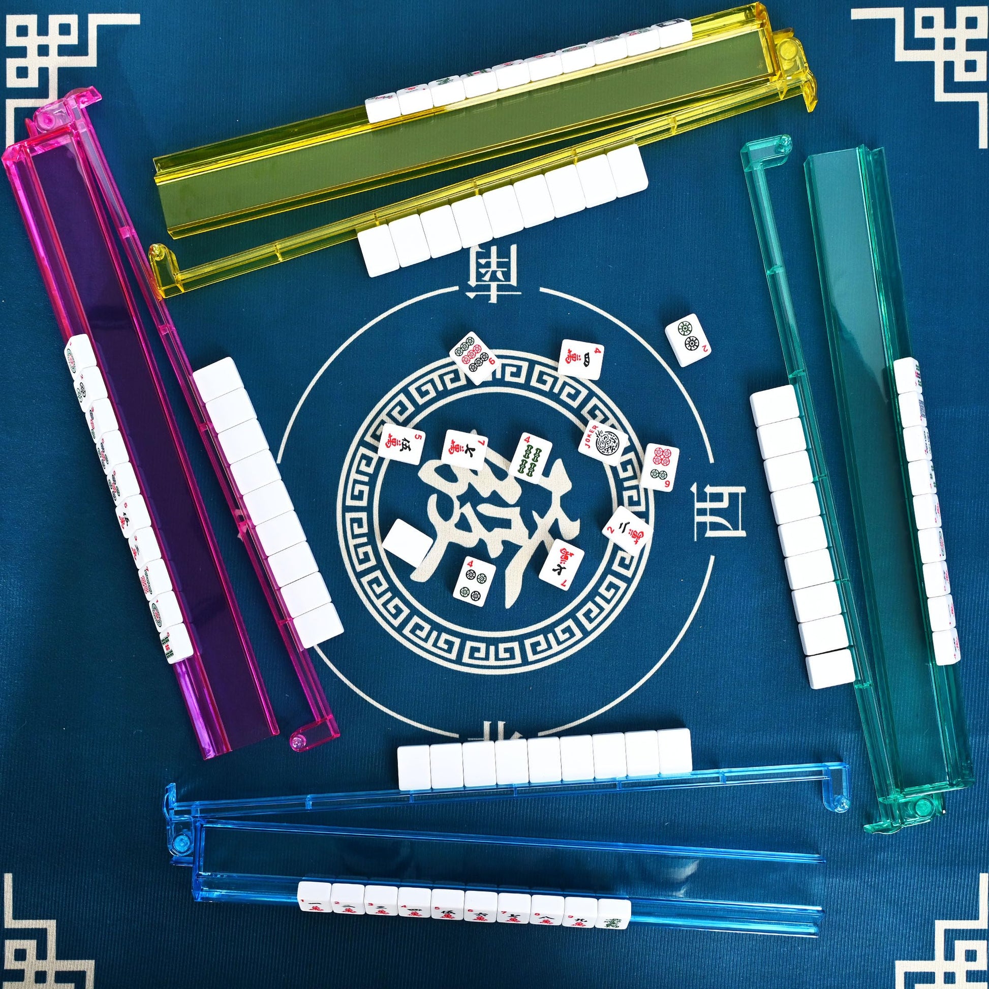 Faaexu American Mahjong Tile Set Include 166 Tiles 4 All-in-One Mahjong Racks/Pushers with Blue Carrying Bag Complete Mahjong Game Set
