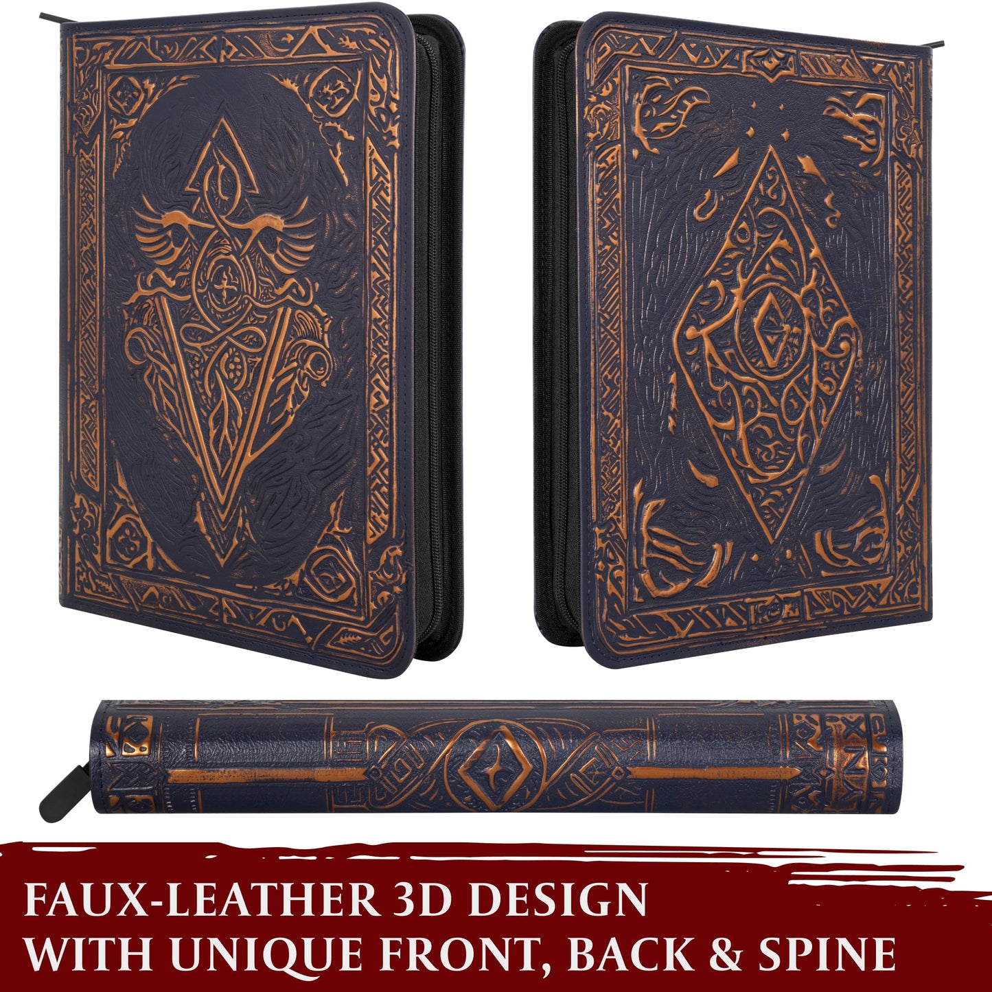 Trading Card Binder - 9 Pocket Album w Zipper - 360 Side Loading Folder for TCG - 3D PU Leather - For MTG, Disney Lorcana Trading Card Game, Magic The