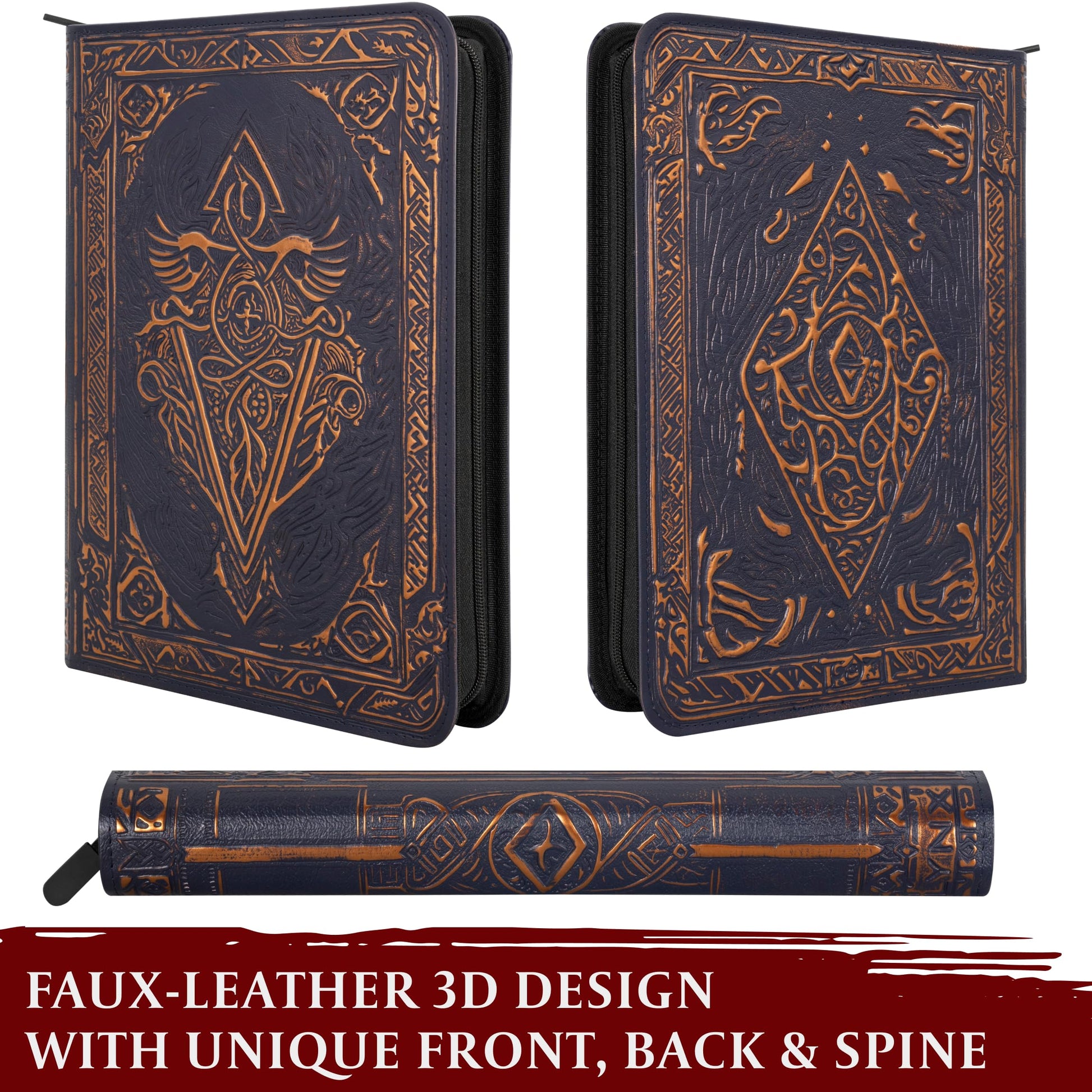 Trading Card Binder - 9 Pocket Album w Zipper - 360 Side Loading Folder for TCG - 3D PU Leather - For MTG, Disney Lorcana Trading Card Game, Magic The