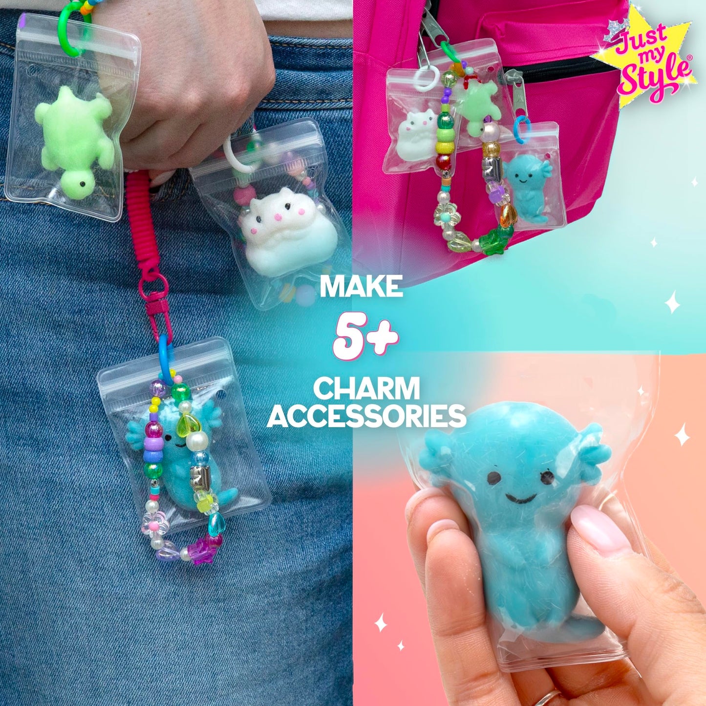 Just My Style Squishy Charms, Create 5 Squishy Bag Charms, Necklaces, Friendship Bracelets with Kawaii TPR Squishies in Pouches & Beads for Jewelry