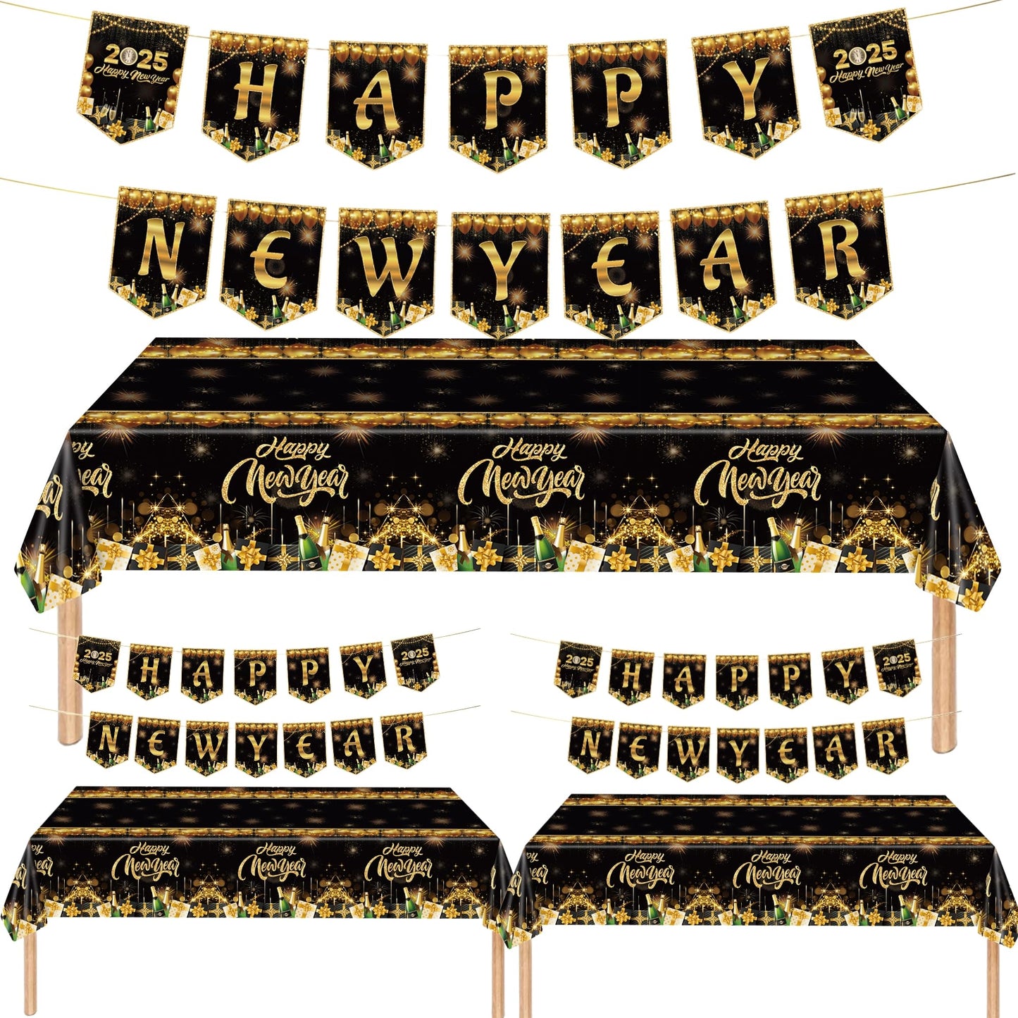 3 Pack Happy New Year Tablecloth with 3 Pack Banners, New Years EVE Party Supplies 2025, Black and Gold Rectangle Disposable Tablecloth and Banner