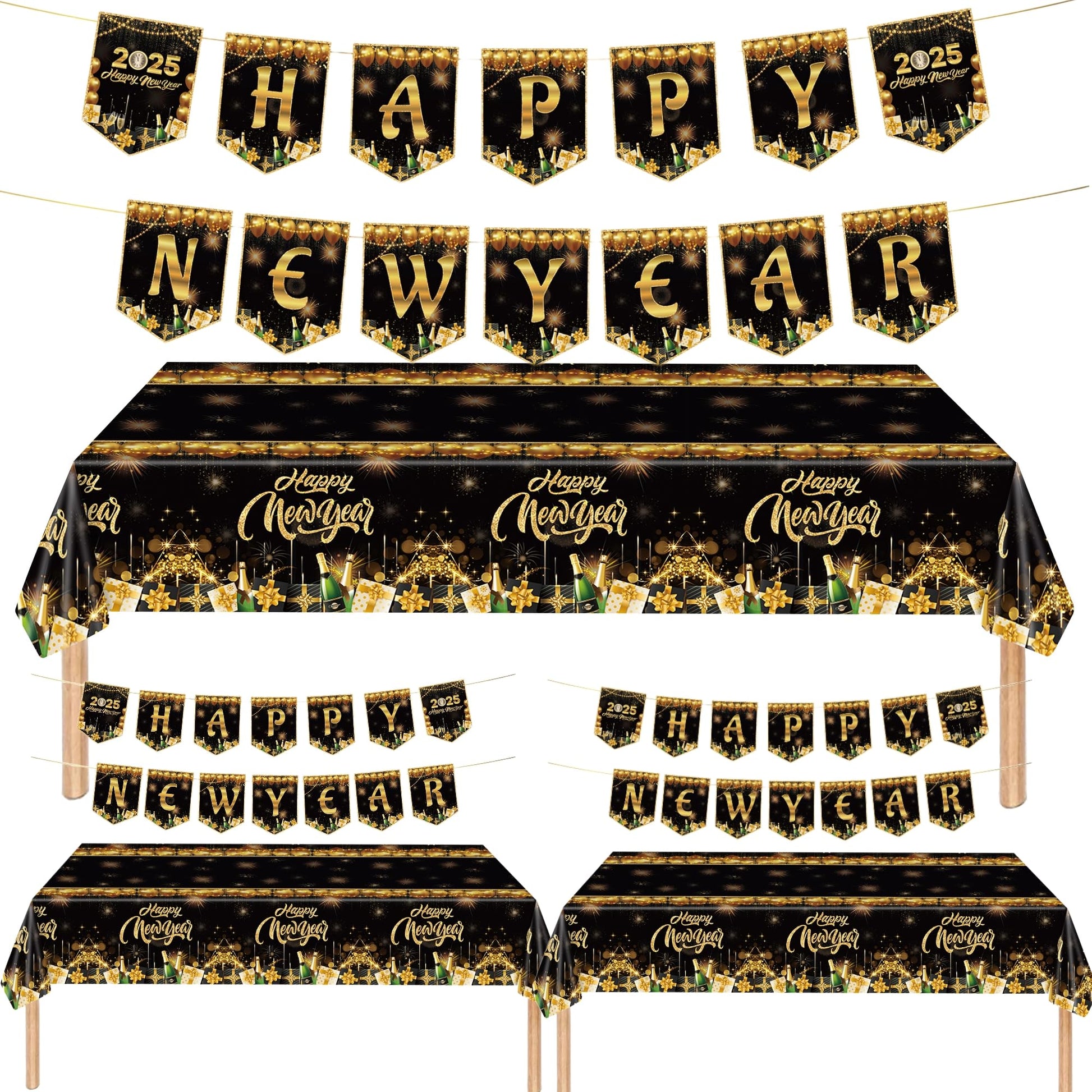3 Pack Happy New Year Tablecloth with 3 Pack Banners, New Years EVE Party Supplies 2025, Black and Gold Rectangle Disposable Tablecloth and Banner