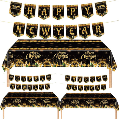 3 Pack Happy New Year Tablecloth with 3 Pack Banners, New Years EVE Party Supplies 2025, Black and Gold Rectangle Disposable Tablecloth and Banner