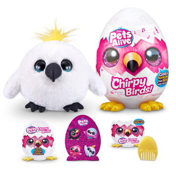 Pets Alive Chirpy Birds (White Cockatoo) by ZURU, Electronic Pet that Speaks, Giant Surprise Egg, Stickers, Comb, Fluffy Clay, Bird Animal Plush for