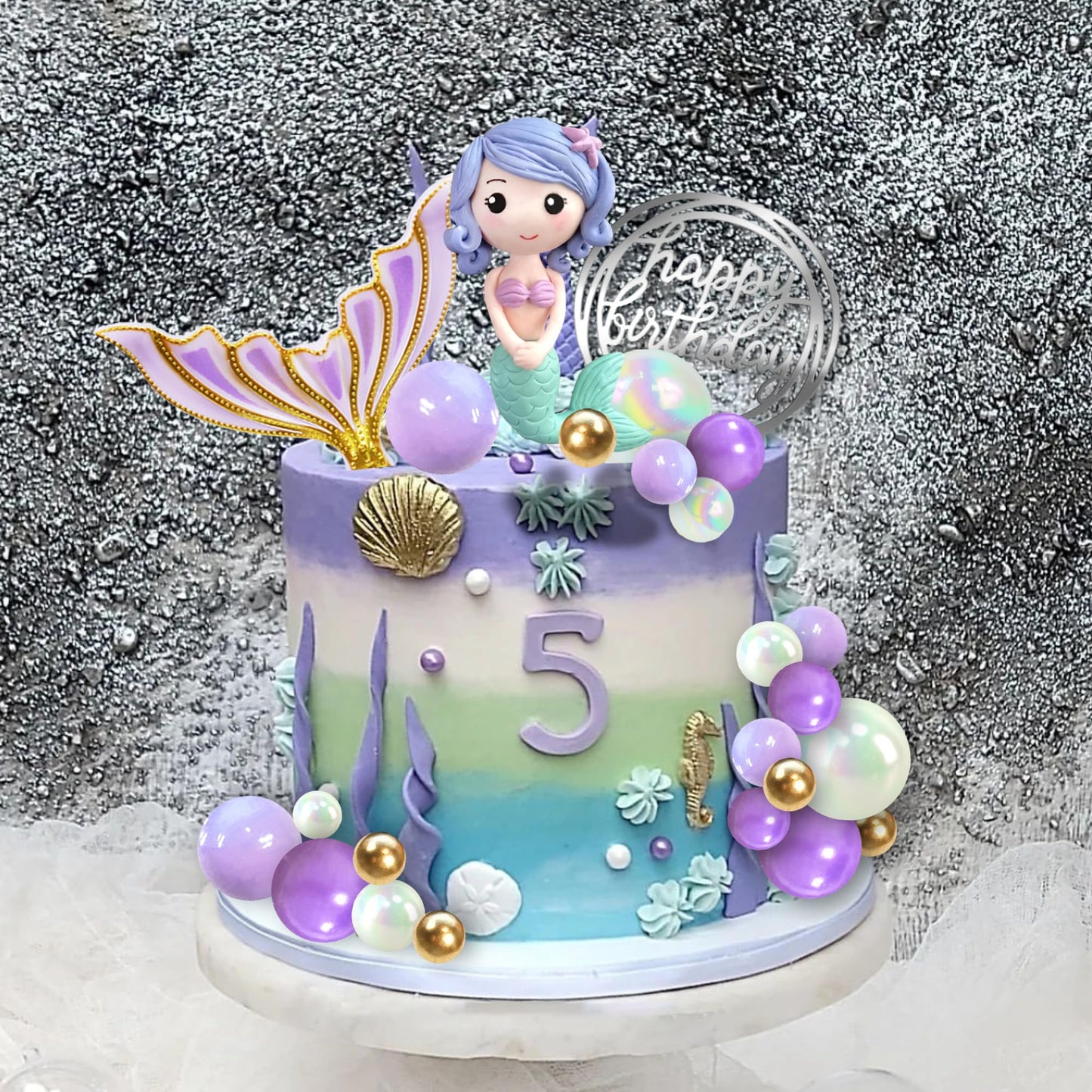 Mermaid Cake Toppers Under the Sea Tail Cake Decorations Gold Purple Pearl Ball for Mermaid Theme Birthday Supplies (Style 2)