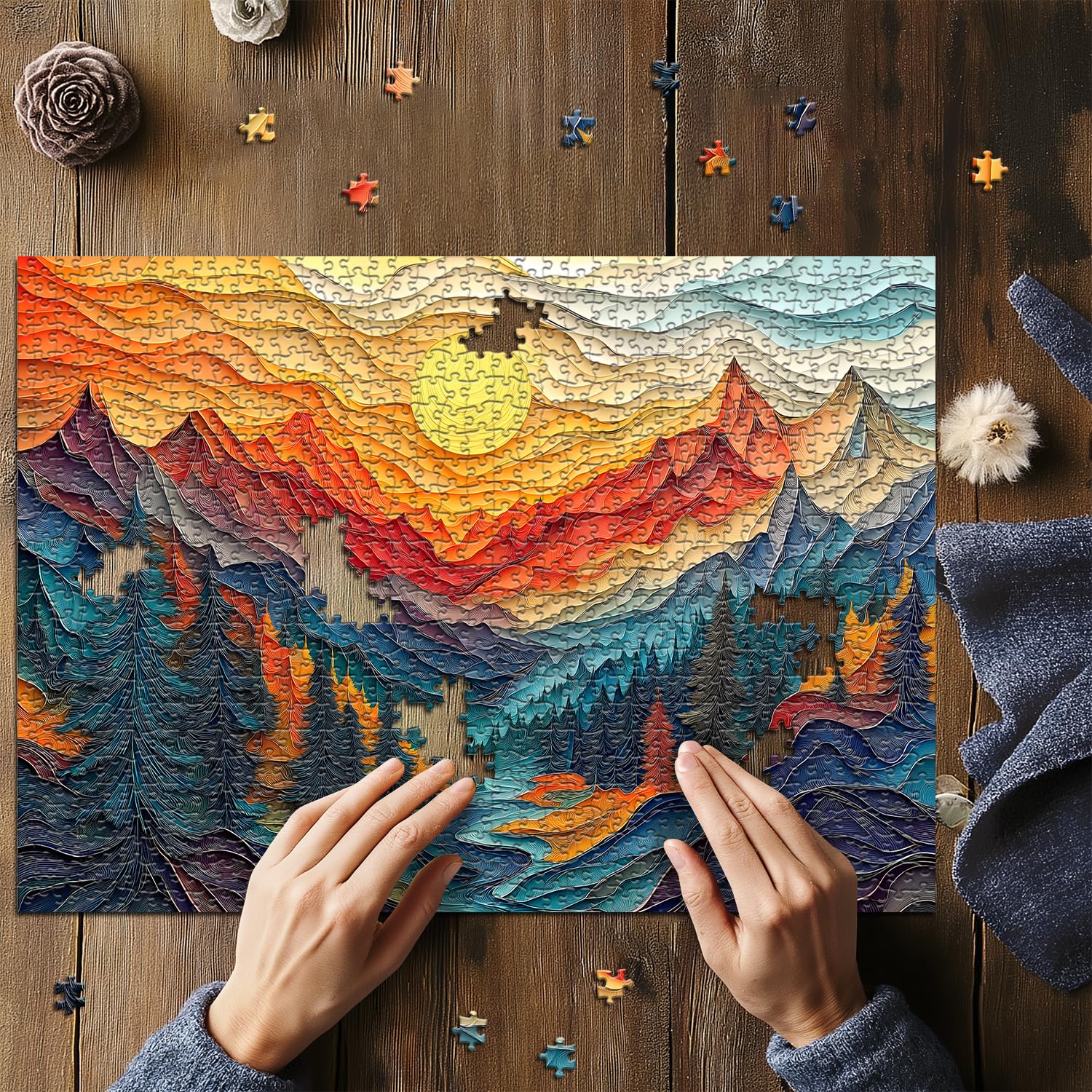 Mountain Puzzles for Adults 1000 Pieces, Nature Tree River Canyon Sunset Forest Landscape Jigsaw Puzzle Scenic, Colorful Paper Cut Art Themed