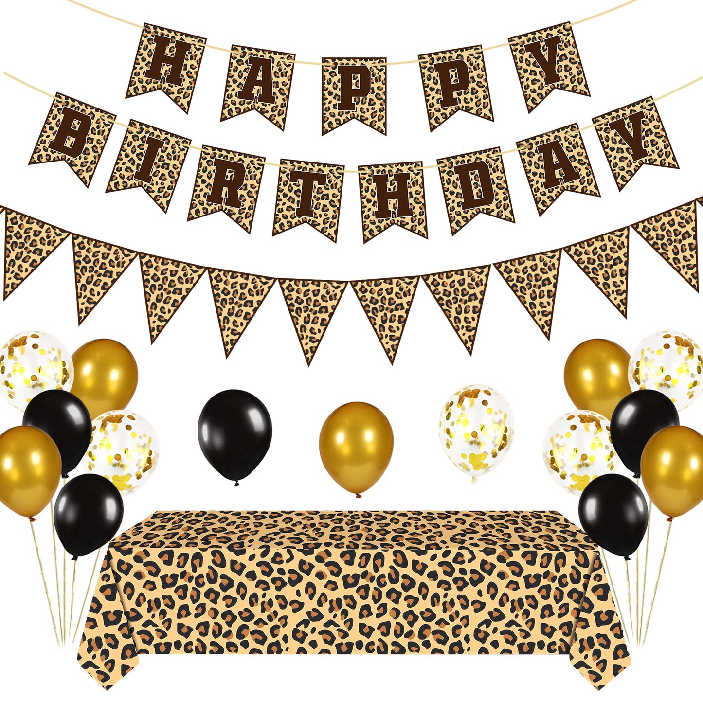 Leopard Party Decorations Cheetah Happy Birthday Banner Cheetah Theme Balloons Leopard Print Tablecloth for Safari Wild Birthday Party Supplies (Gold