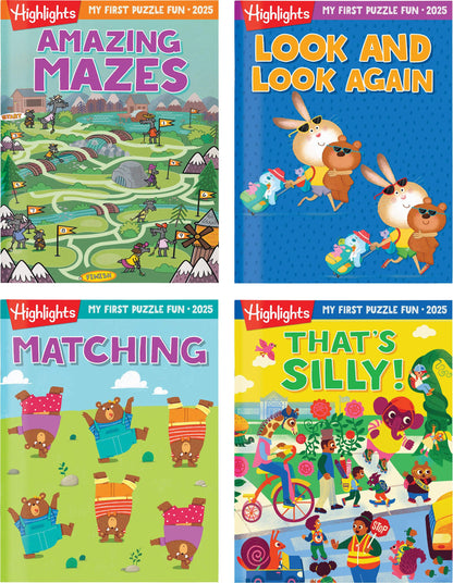 Highlights My First Puzzle Fun 2025 Puzzle Books for Kids Ages 3-6, 4-Book Set of Matching, Mazes, Spot-The-Differences, and More Travel-Friendly