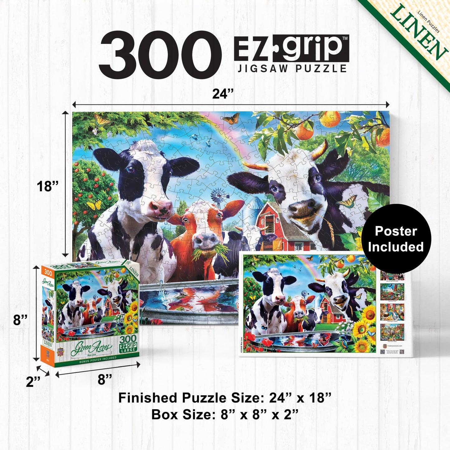 MasterPieces - 300 Piece Jigsaw Puzzle, Large EZ Grip Shapes, Moo Love, Fun for Adults, Seniors, Family, Kids, Matte Finish, 18"x24