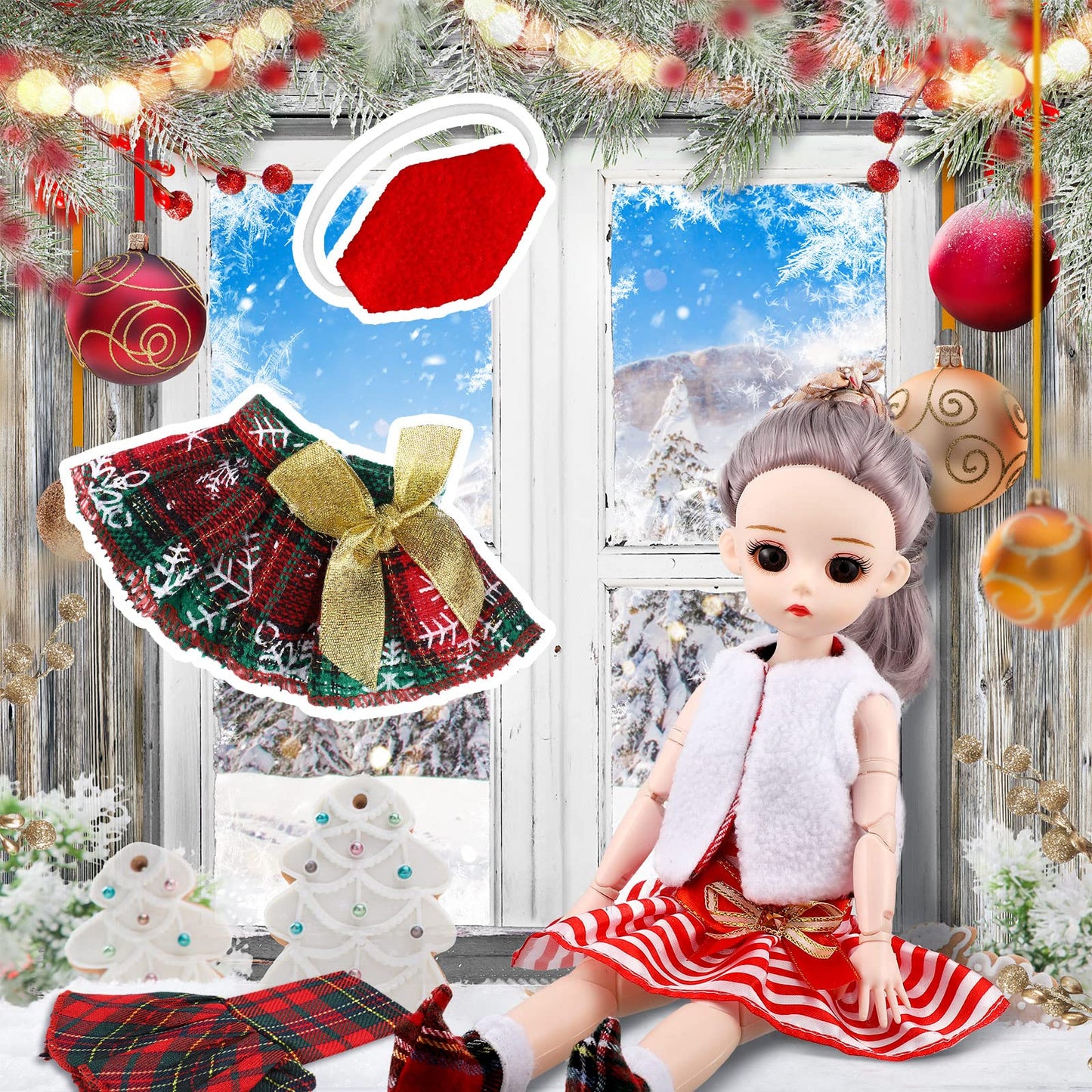 Sumind 14 Pieces Christmas Doll on Clothes Accessories Outfits Set Including Skirts, Bathrobe, Sleeping Bag, Fluffy Vest, Shirt, Scarf, Eye Cover