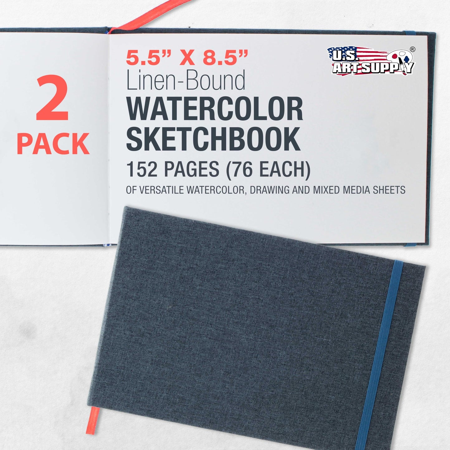 U.S. Art Supply 5.5" x 8.5" Watercolor Book (2 Pack, 76 Sheets Each) - 110lb (230 GSM) Linen-Bound Hardcover Artist Paper Pads - Acid-Free
