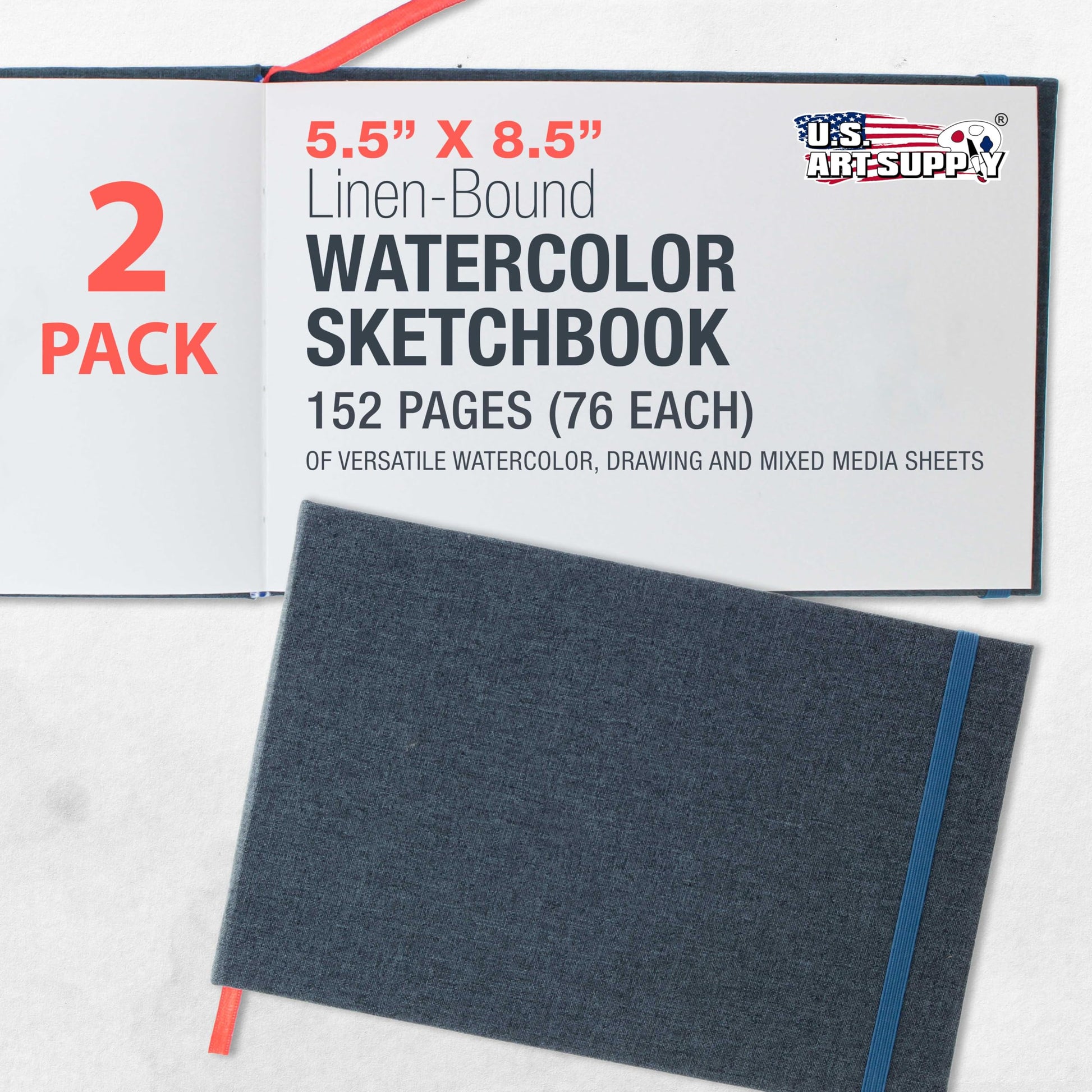 U.S. Art Supply 5.5" x 8.5" Watercolor Book (2 Pack, 76 Sheets Each) - 110lb (230 GSM) Linen-Bound Hardcover Artist Paper Pads - Acid-Free