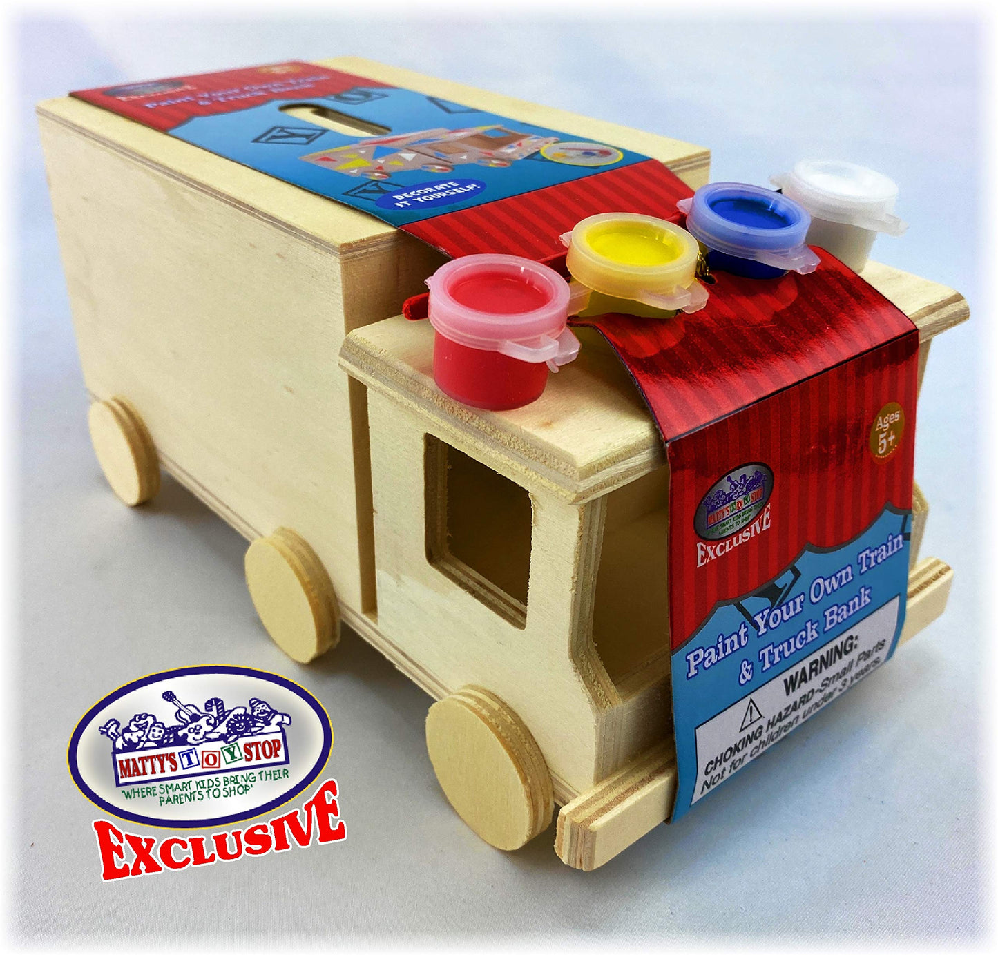 M?tty's Toy Stop Design & Paint Your Own Wooden Train & Truck Banks (Each Includes 4 Paints & 1 Brush) Gift Set Bundle - 2 Pack