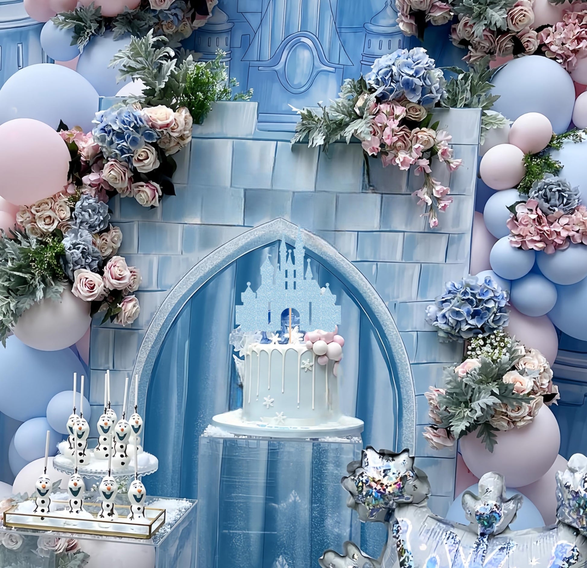 EONNCNT Castle Cake Topper - Light Blue Glitter Castle Theme Birthday Cake Decorating Supplies, Princess Prince Baby Shower Birthday Party Supplies