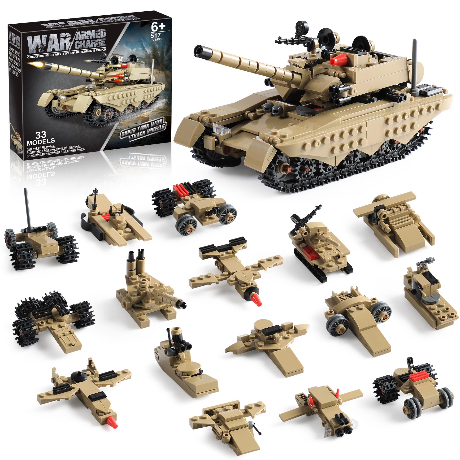 Army Tank Building Blocks Set Compatible with Lego, 517-Piece Military Toy for Kids, Build 1 Tank or 16 Mini Models, Birthday Gift Idea for Boys