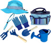 Kids Garden Set & Bucket Hat Combo: Real Metal Tools & Wooden Handles; Shovel, Rake & Pitch Fork, Pitcher, Gloves & Carrying Bag. Sure-Fit Adjustable
