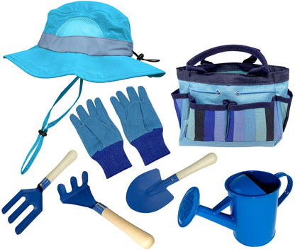 Kids Garden Set & Bucket Hat Combo: Real Metal Tools & Wooden Handles; Shovel, Rake & Pitch Fork, Pitcher, Gloves & Carrying Bag. Sure-Fit Adjustable