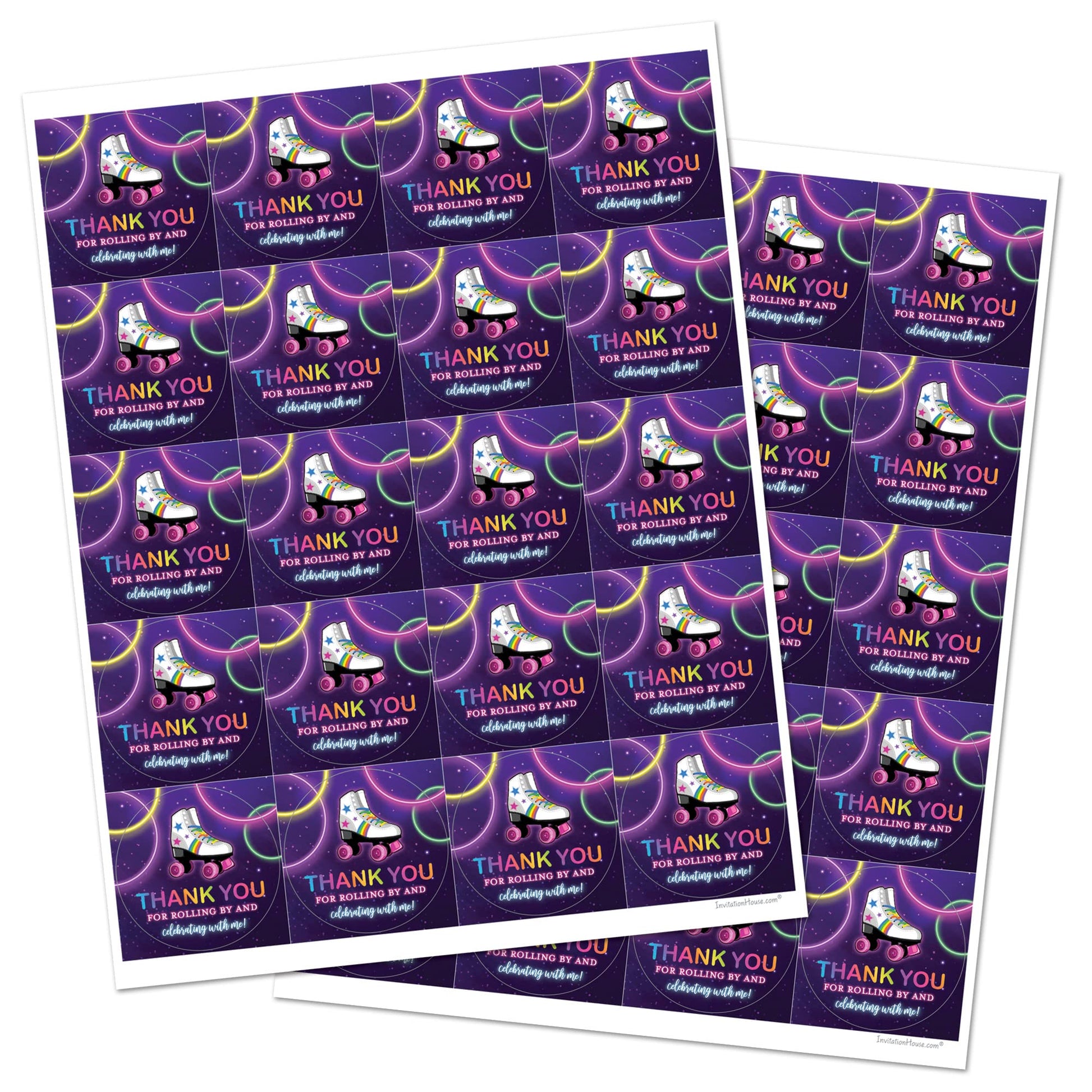 2"" Round Neon Rainbow Glow Roller Skating Thank You Party Favor Stickers - Set of 40
