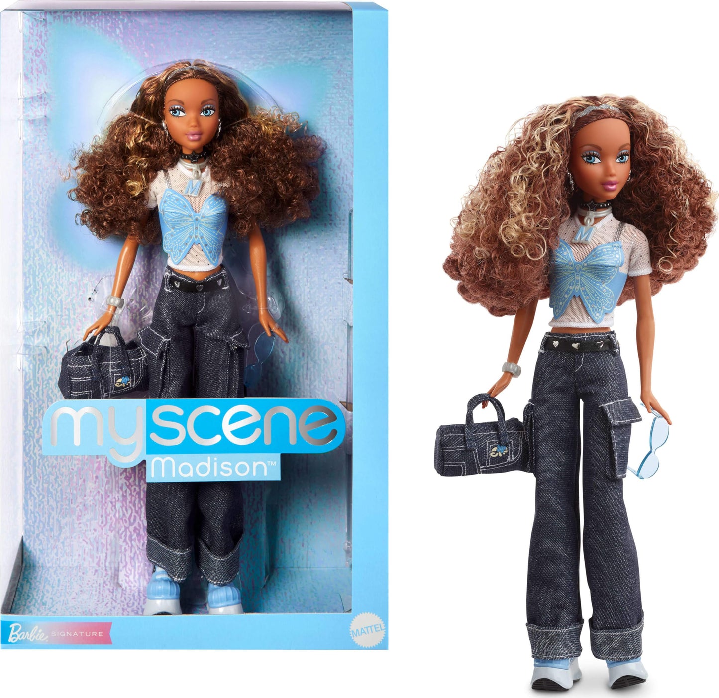 Barbie Signature My Scene Madison Doll & Accessories, Y2K-Inspired Outfit with Butterfly Top, Cargo Jeans, Denim Bag & Display Stand