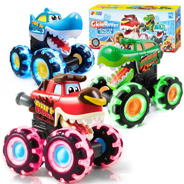 JOYIN 3 Pack Monster Truck Toy - Motion Activated Light Up Cars for Toddlers - Monster Glow Rover LED Wheels - Baby Boy Toys - Press and Go Dinosaur