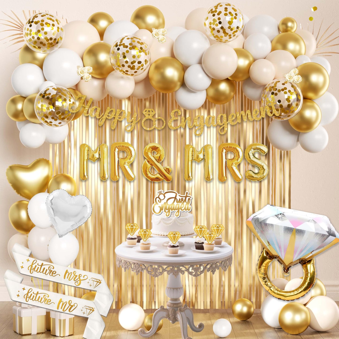 Engagement Party Decorations Set, Gold and White Balloon, MR & MRS Balloons with Foil Backdrop, Cake Toppers and Banners,Sash