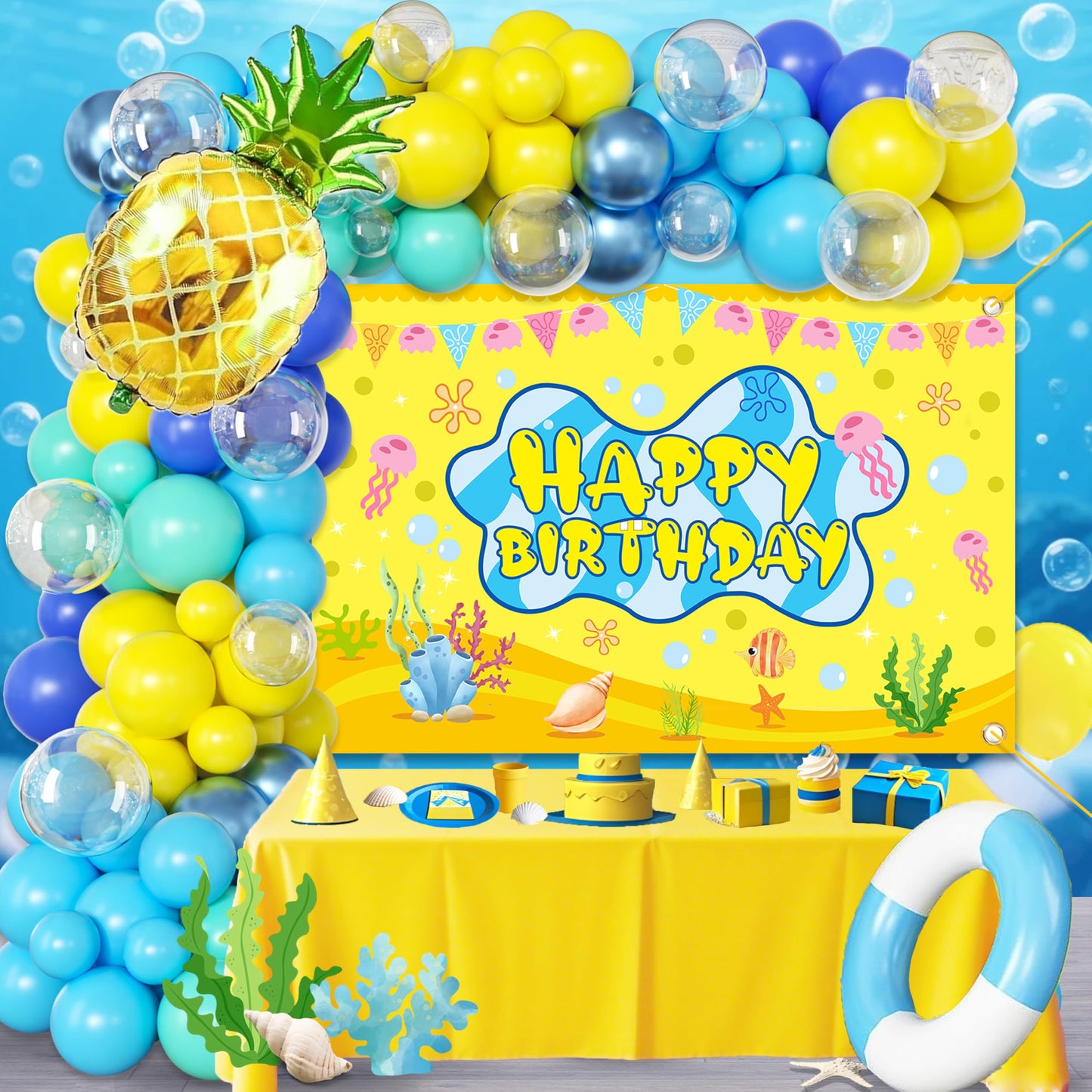 Cartoon Sponge Balloon Arch Kit-Blue Green Yellow Balloons Birthday Decorations For Boys girl,Party Decor Supplies Girls Including Happy Birthday