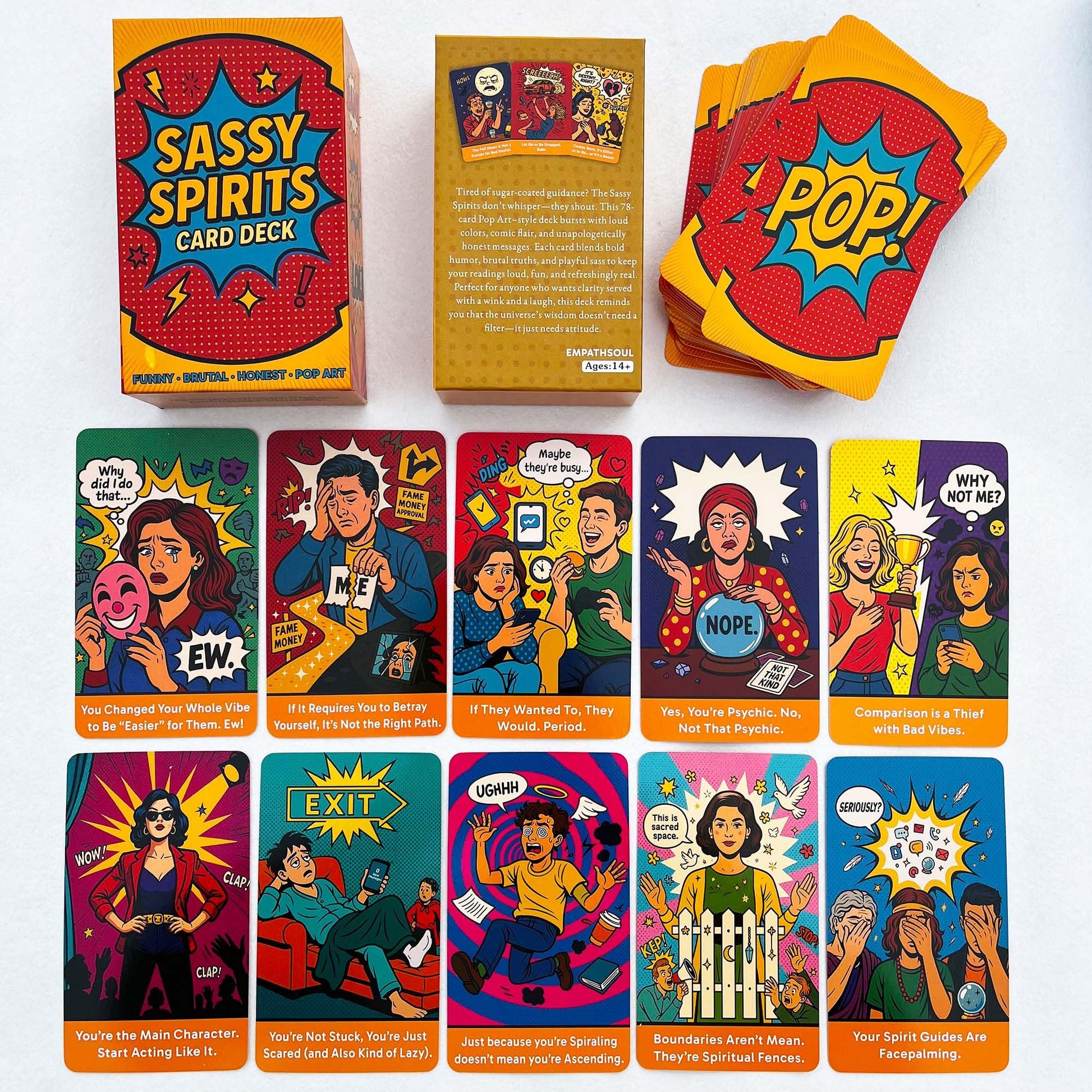 DPEHAKMK Sassy Spirits Oracle Deck, 78 Funny and Brutally Honest Pop Art Cards for Real Talk Readings, Bold Comic-Style Oracle Deck with Sass, Humor