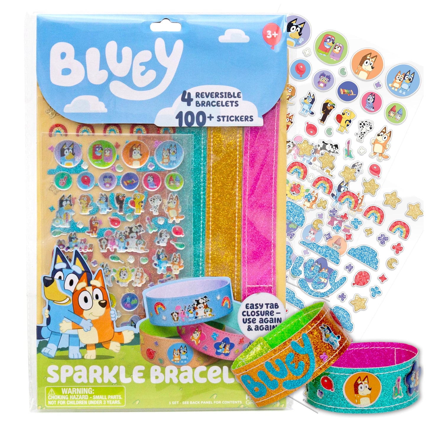 Bluey Sparkle Bracelet Making Kit, 4 Reversible Bracelets with Easy Closure, 100+ Traditional and Puffy Resin Stickers, DIY Bluey Jewelry, Arts